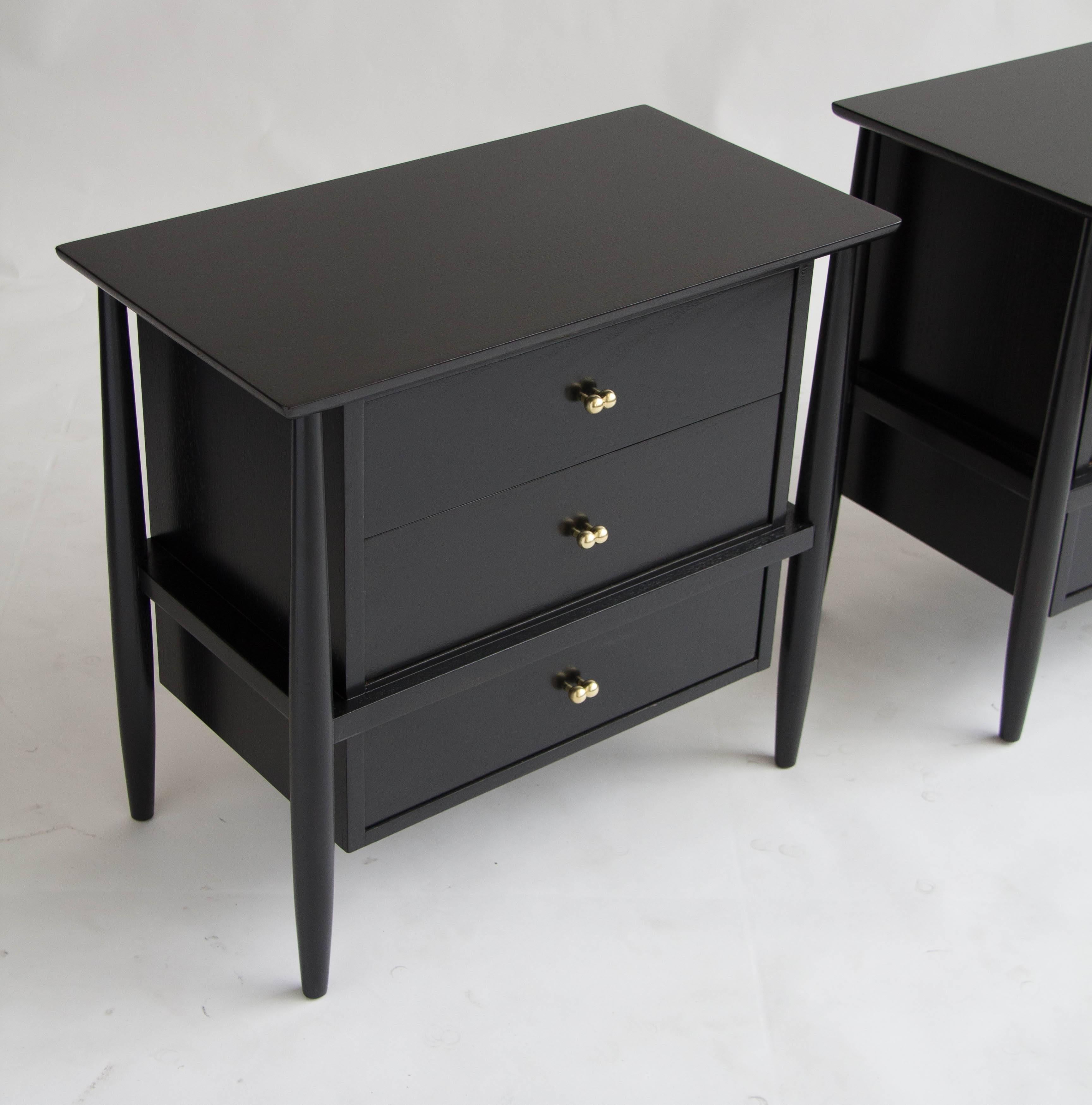 American Pair of Ebonized Nightstands with Brass Details by John Stuart for Mt Airy