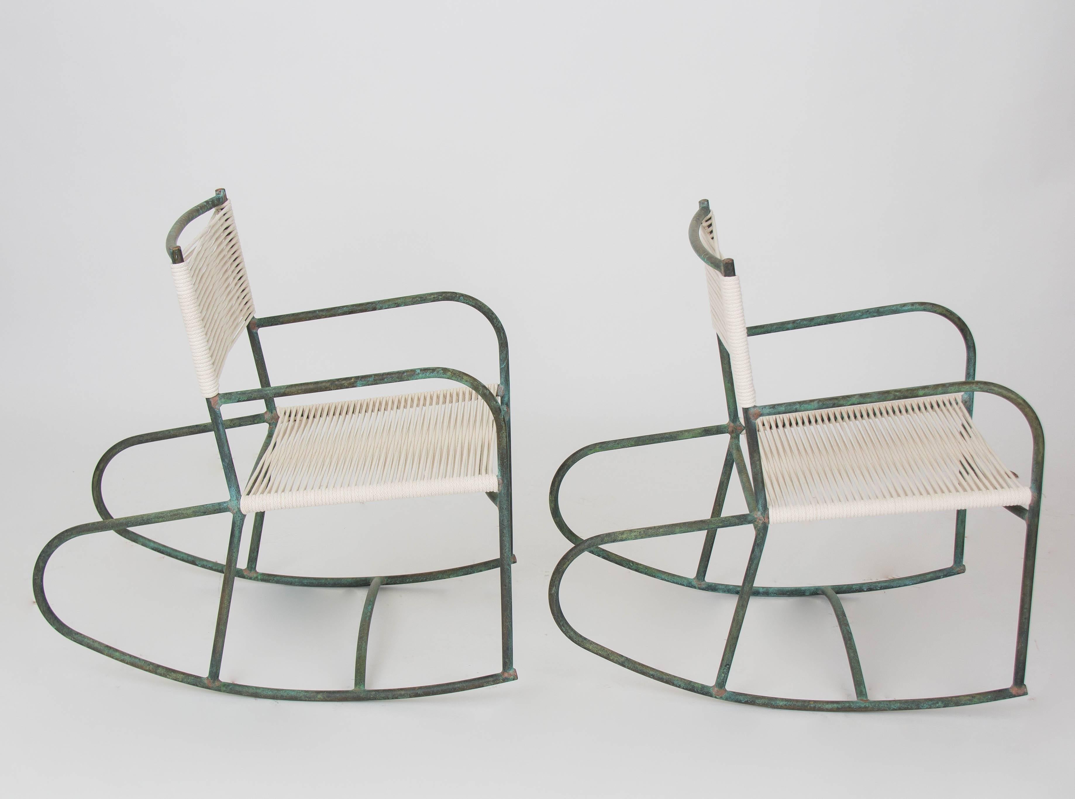 Patinated Pair of Early Model Walter Lamb Bronze Patio Rocking Chairs
