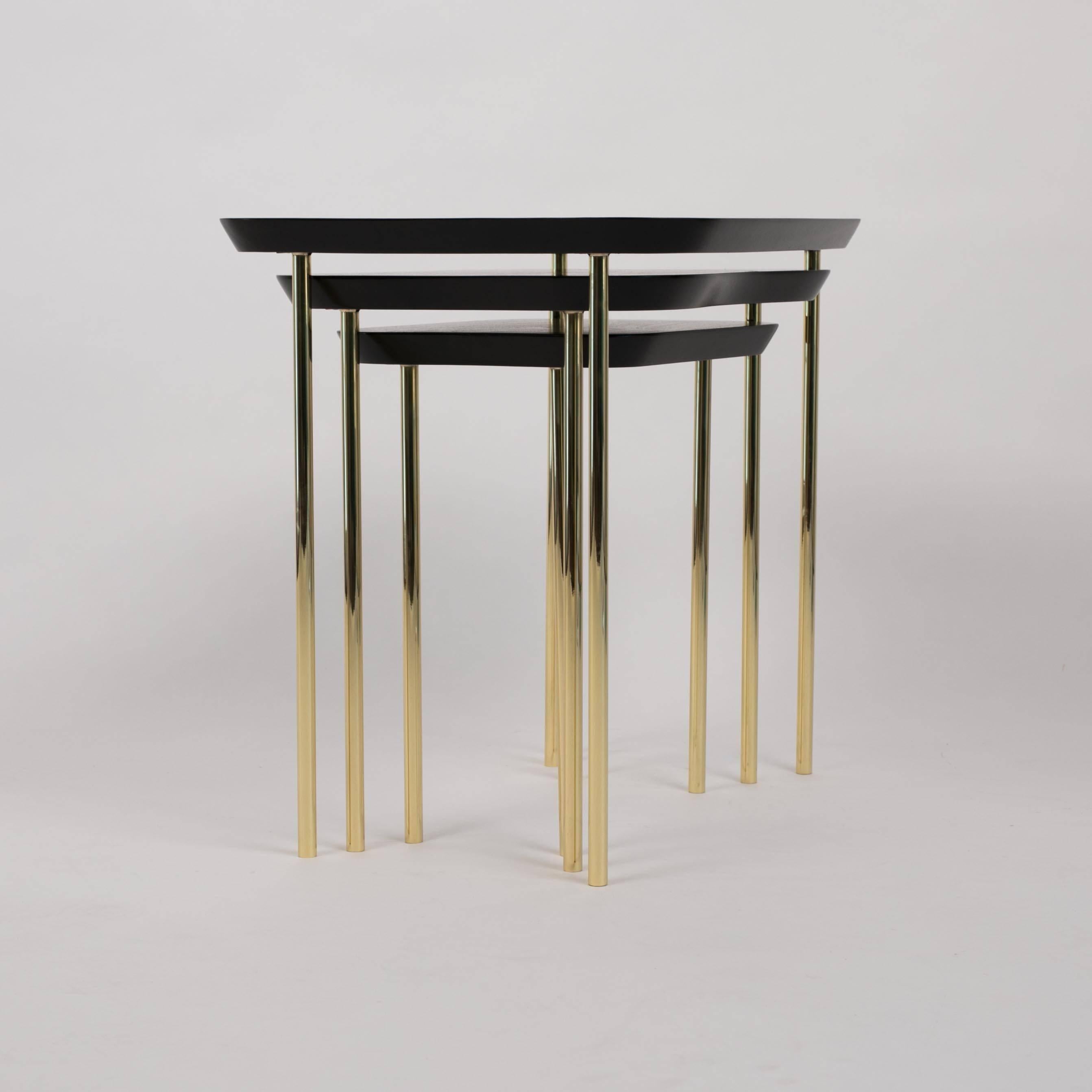 Mid-Century Modern Charak Modern Set of Three Nesting Tables in Lacquered Mahogany and Brass