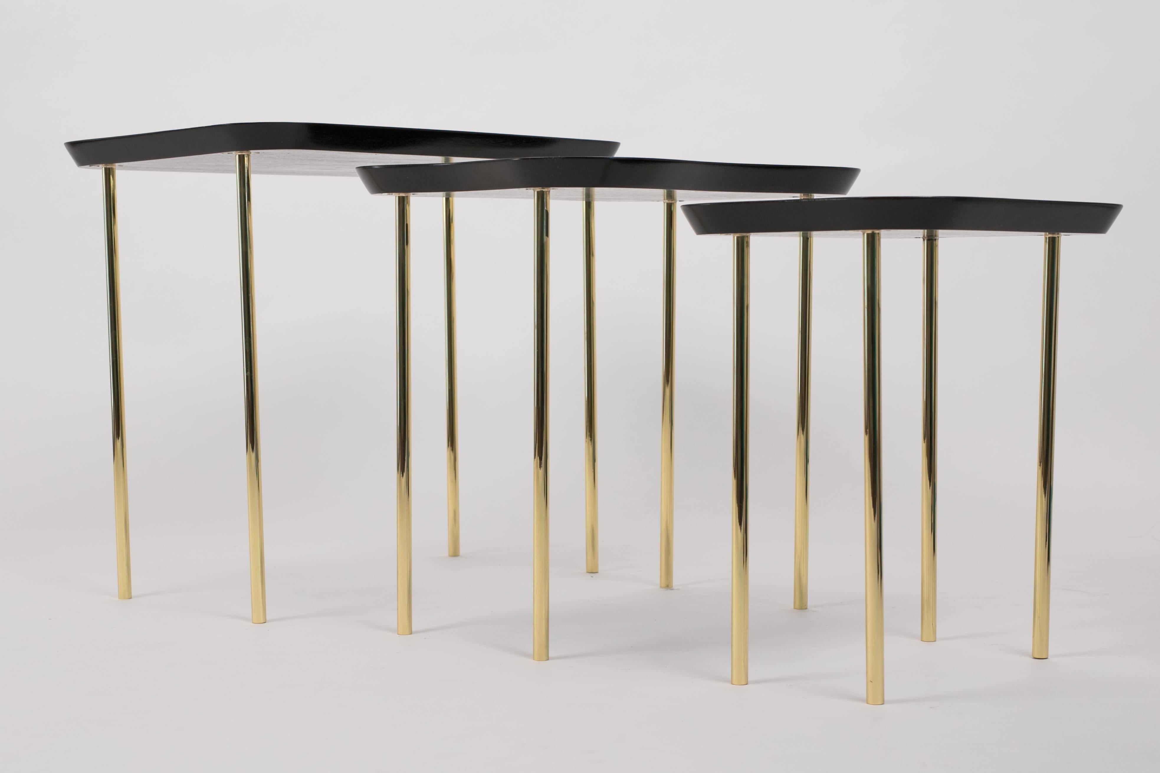 American Charak Modern Set of Three Nesting Tables in Lacquered Mahogany and Brass