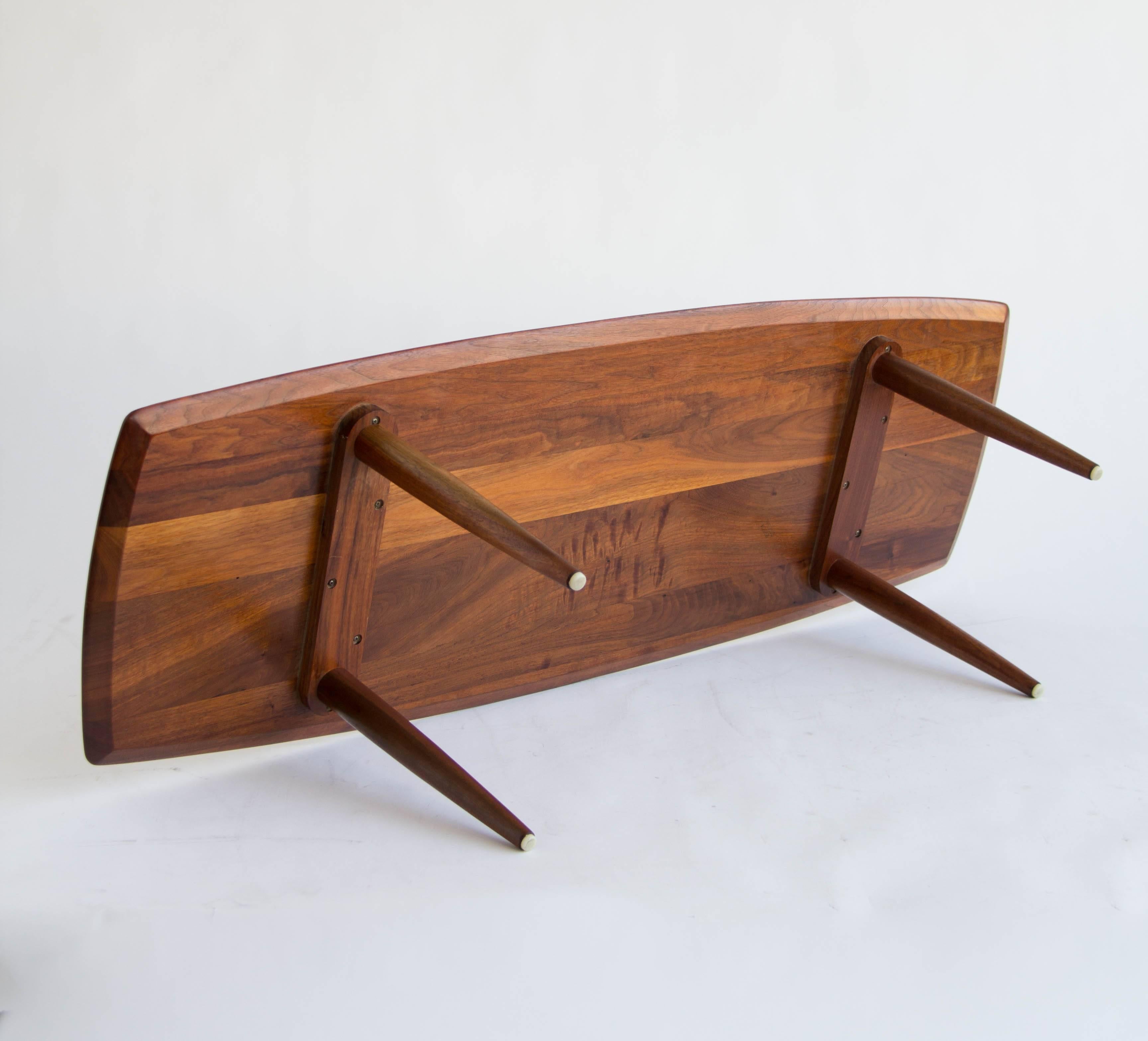 American Made Solid Walnut Surfboard Coffee Table by Prelude In Excellent Condition In Los Angeles, CA