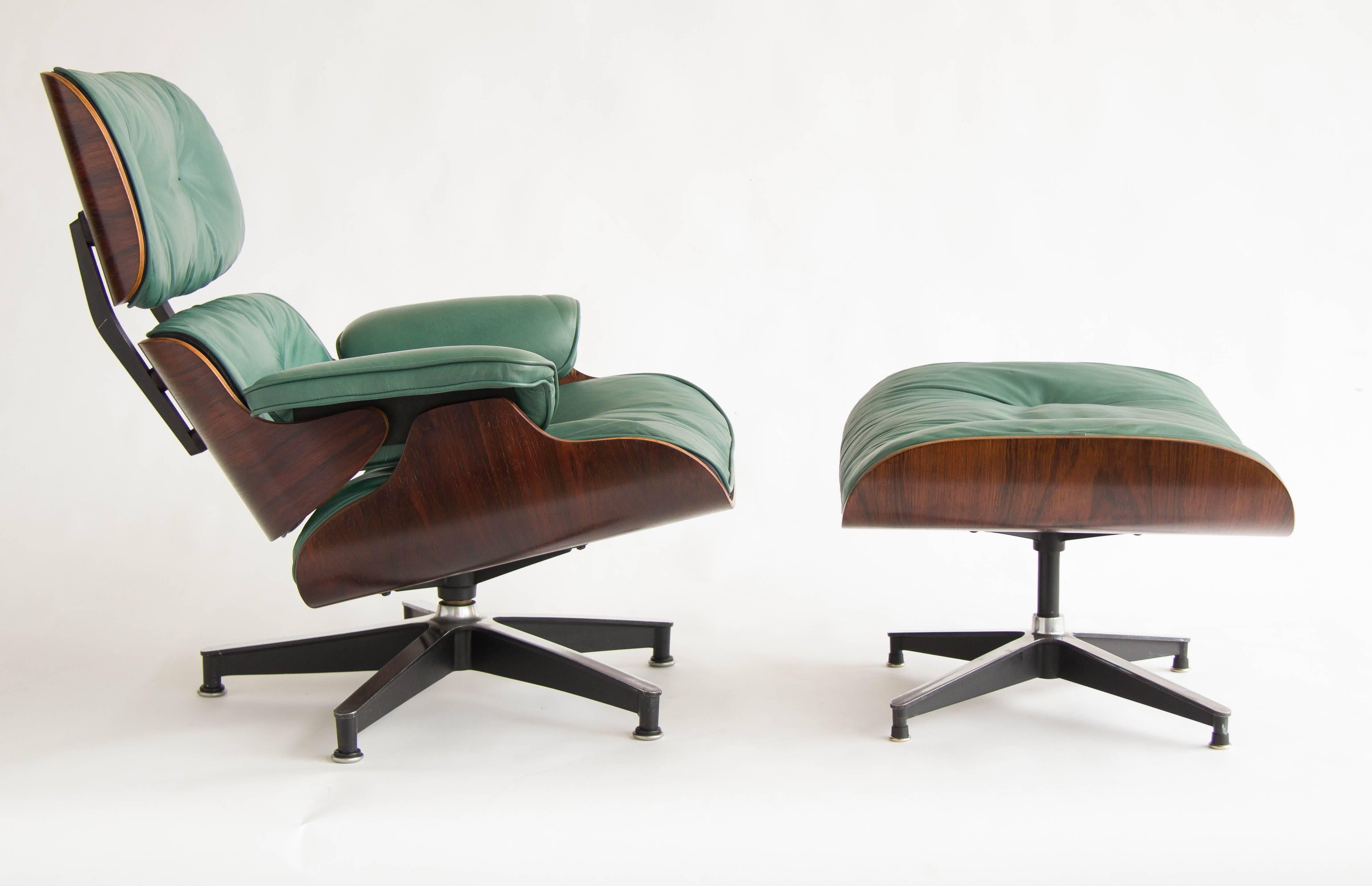 This Eames Lounge chair was ordered directly from Herman Miller in the late 1950s. Three main characteristics that prove this chair was produced before 1960: Three screws under the armrests, down filled cushions, and the push on glides on the