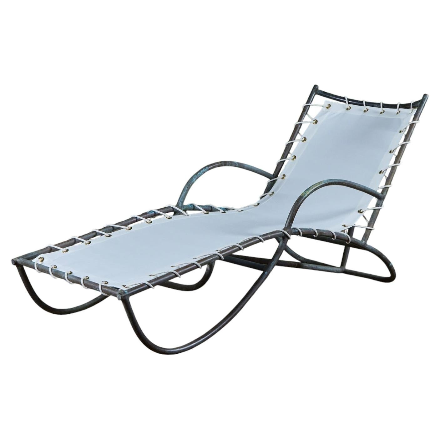 Early Walter Lamb Bronze & Canvas Patio Chaise Lounge