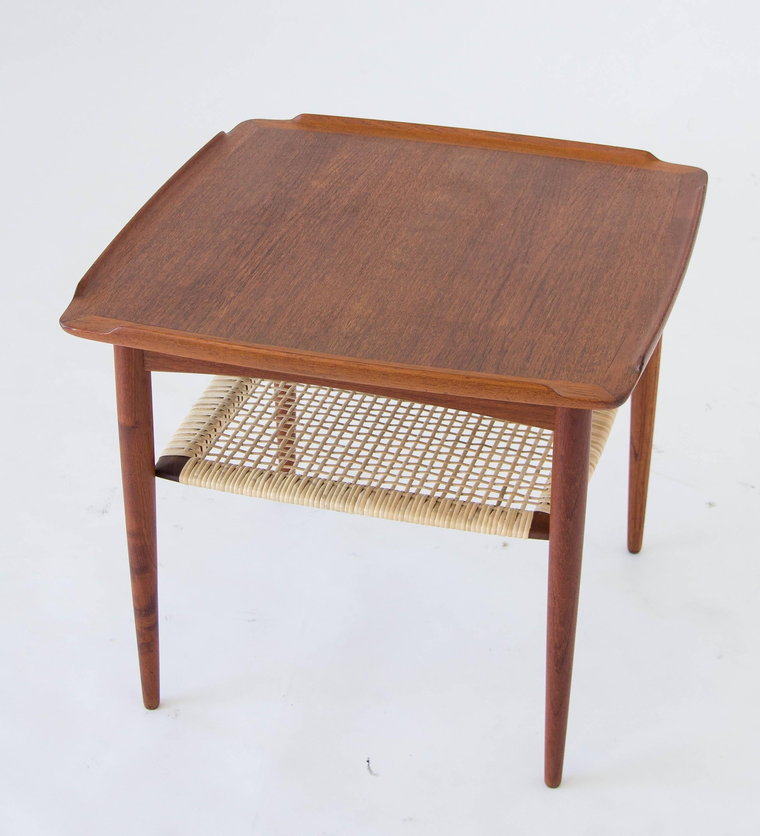 Scandinavian Modern Poul Jensen for Selig Square Side Table with Cane Shelf