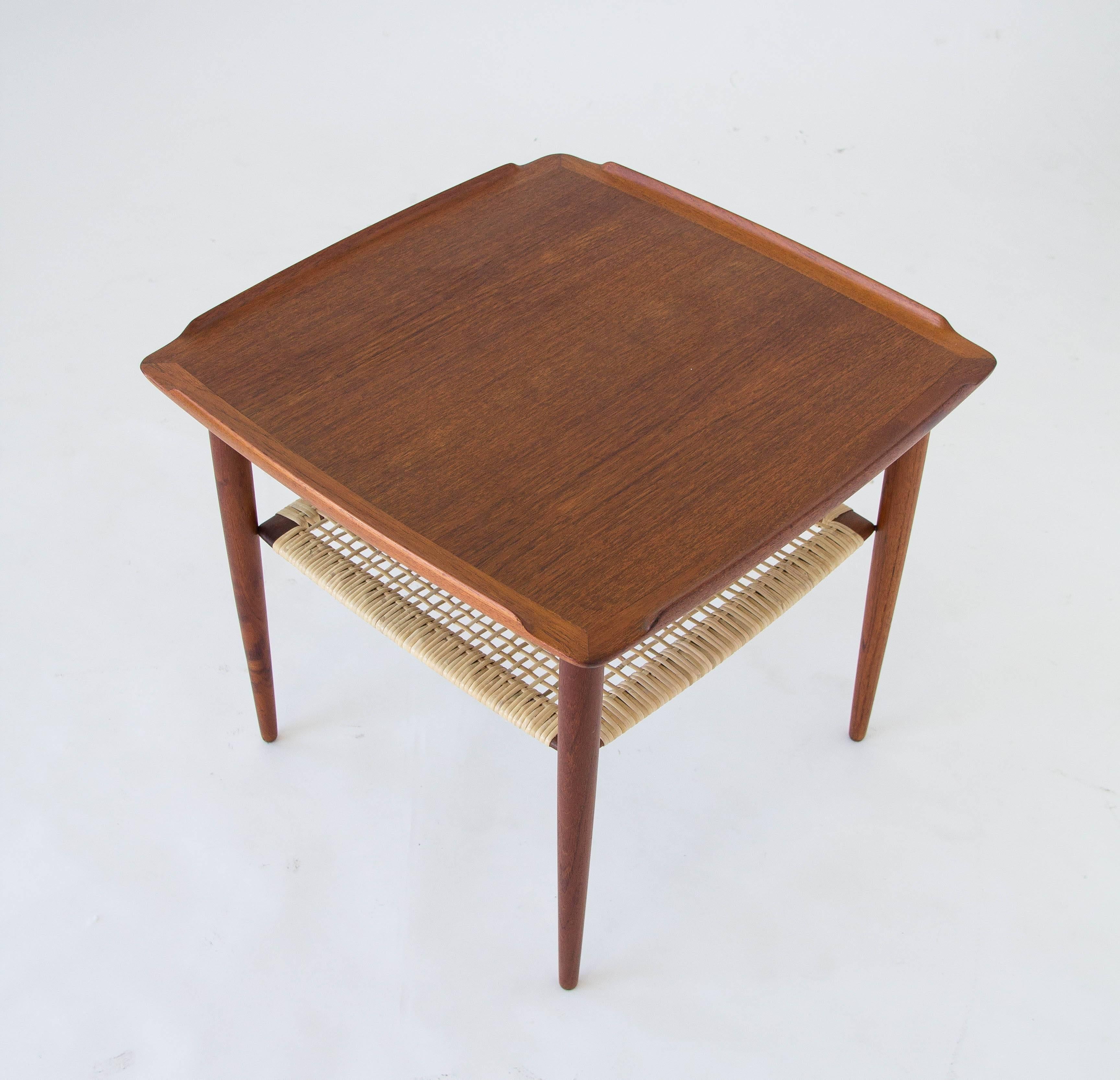 Poul Jensen for Selig Square Side Table with Cane Shelf In Excellent Condition In Los Angeles, CA