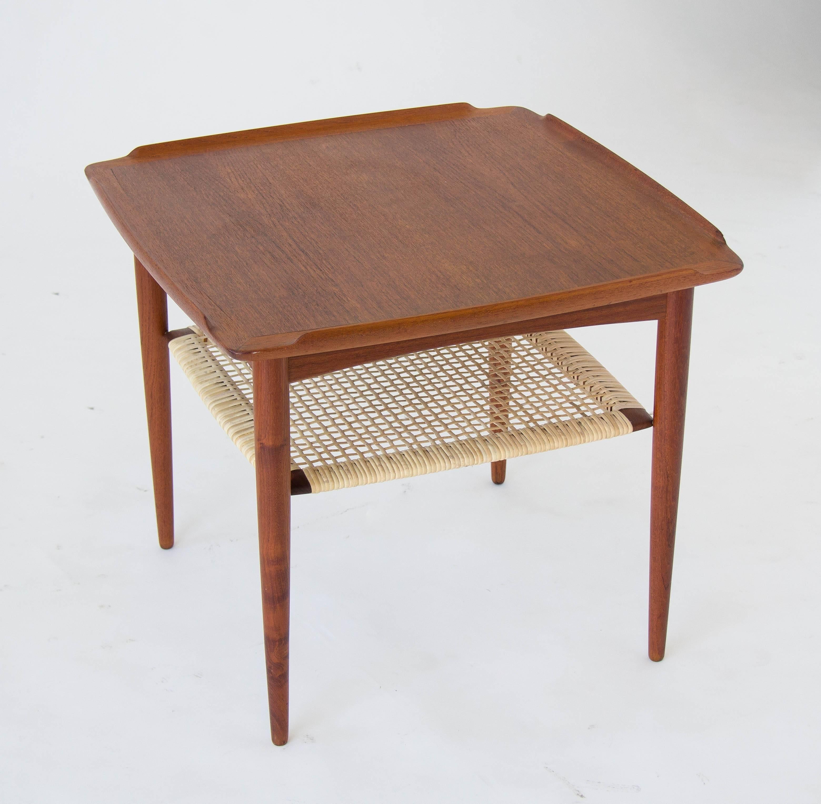 Danish Poul Jensen for Selig Square Side Table with Cane Shelf