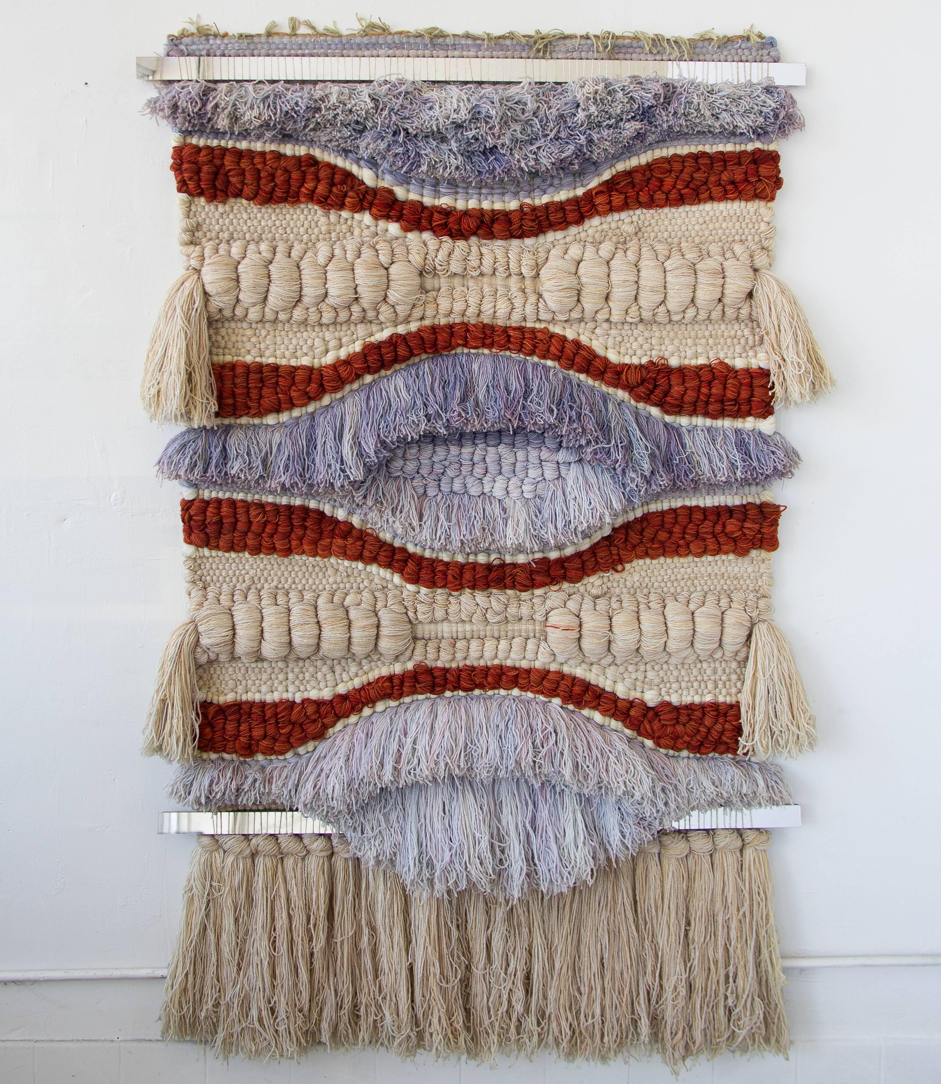 Monumental wall hanging by Margo Farrin O’Connor for Ted Morris & Associates. Produced in California in the 1970s, this piece of handwoven and dyed fibers is typical of O’Connor’s large-scale biomorphic motifs. Each end is supported by a strip