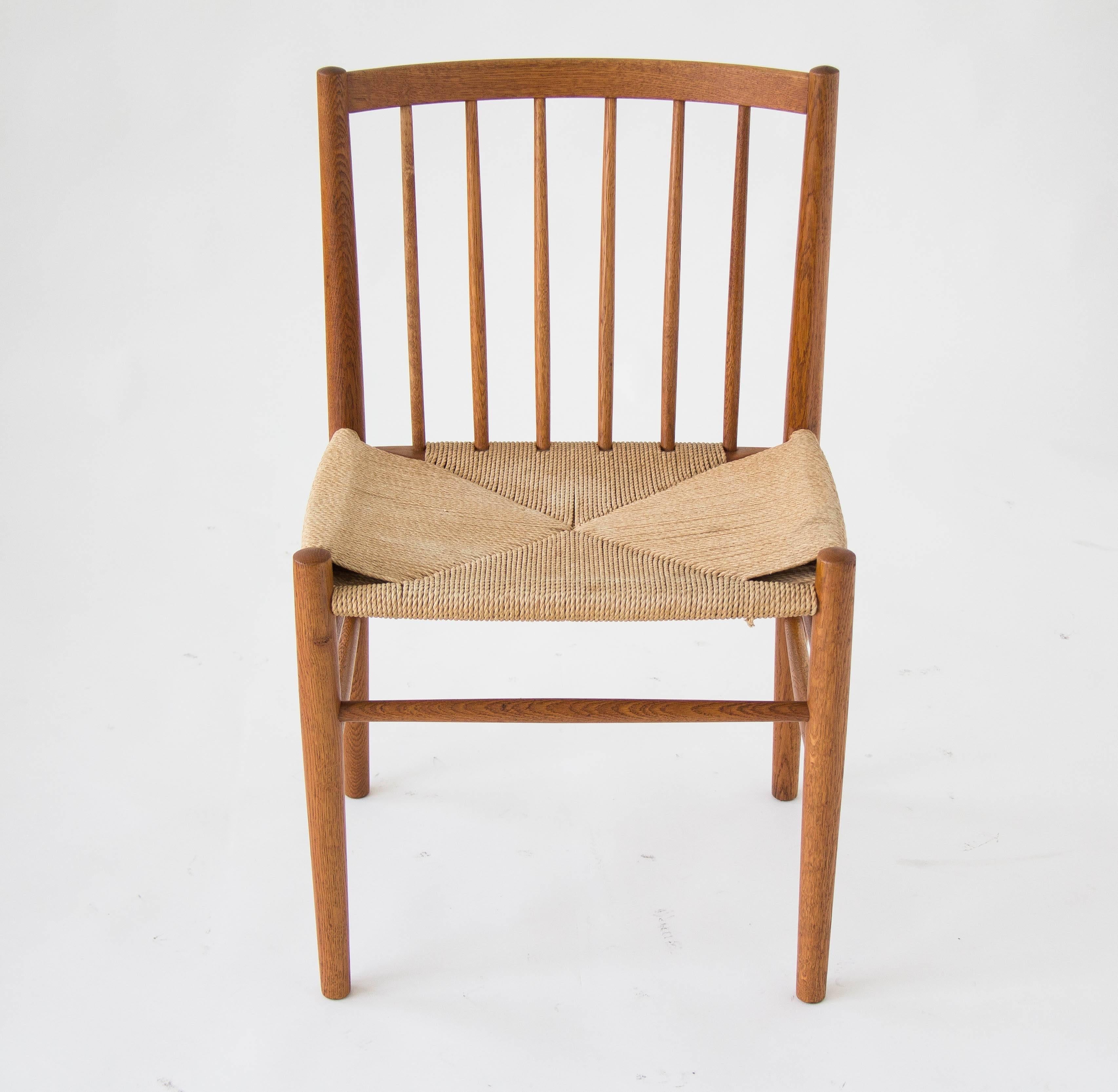 Woven Six Spindle-Backed Oak and Danish Cord Dining Chairs