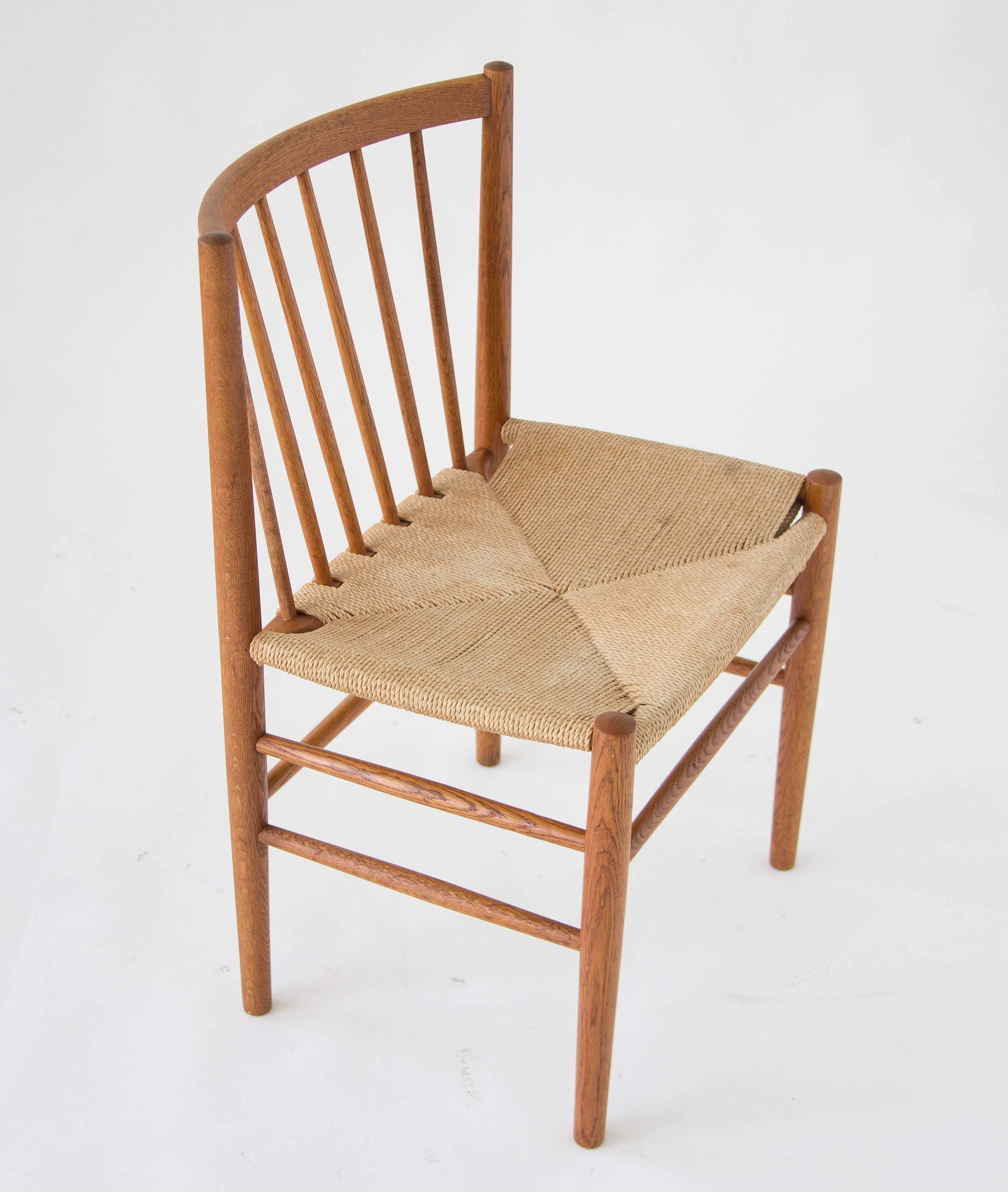 Mid-20th Century Six Spindle-Backed Oak and Danish Cord Dining Chairs