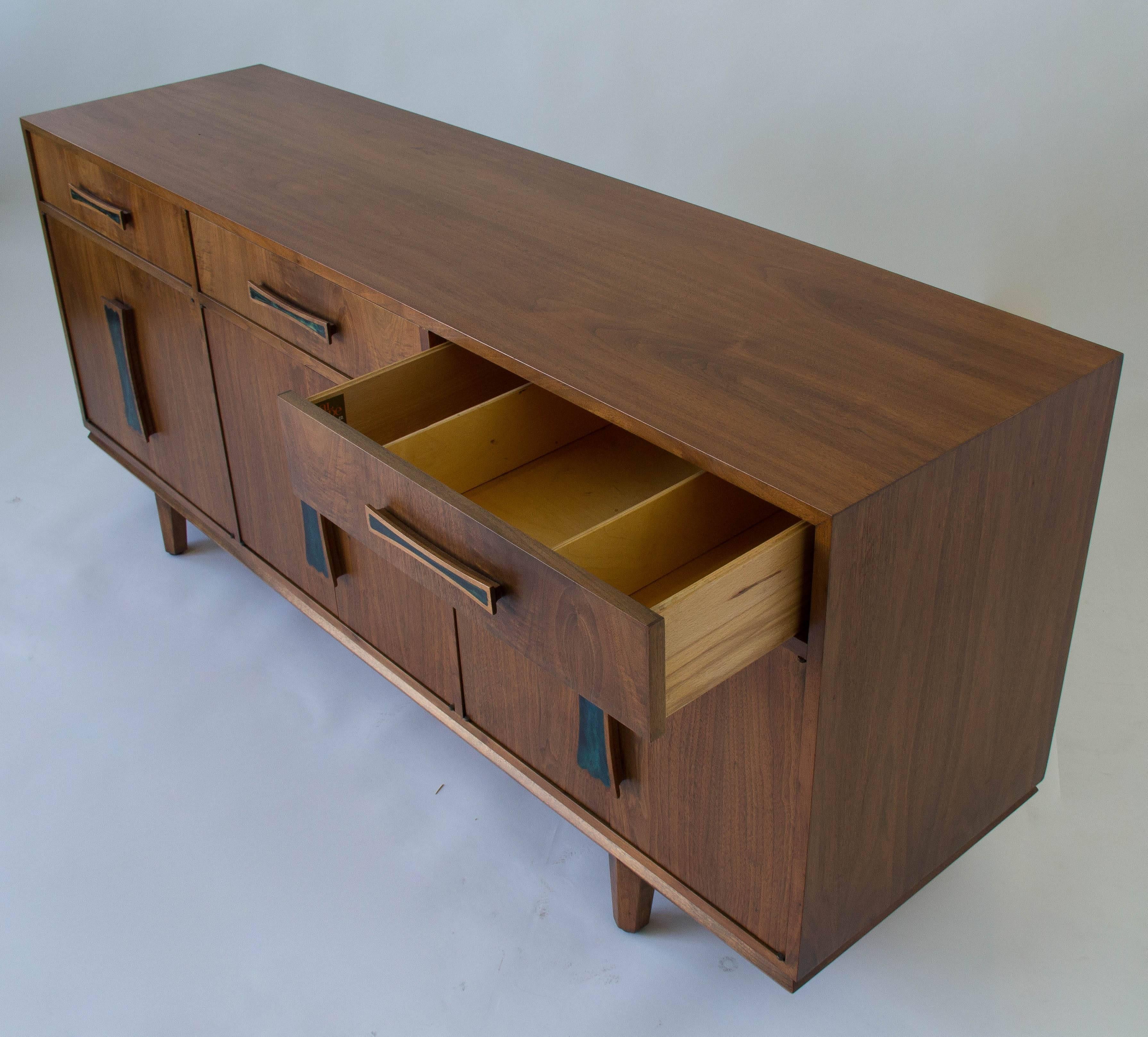 Mid-Century Modern Cal-Mode Walnut Credenza with Inlaid Handles
