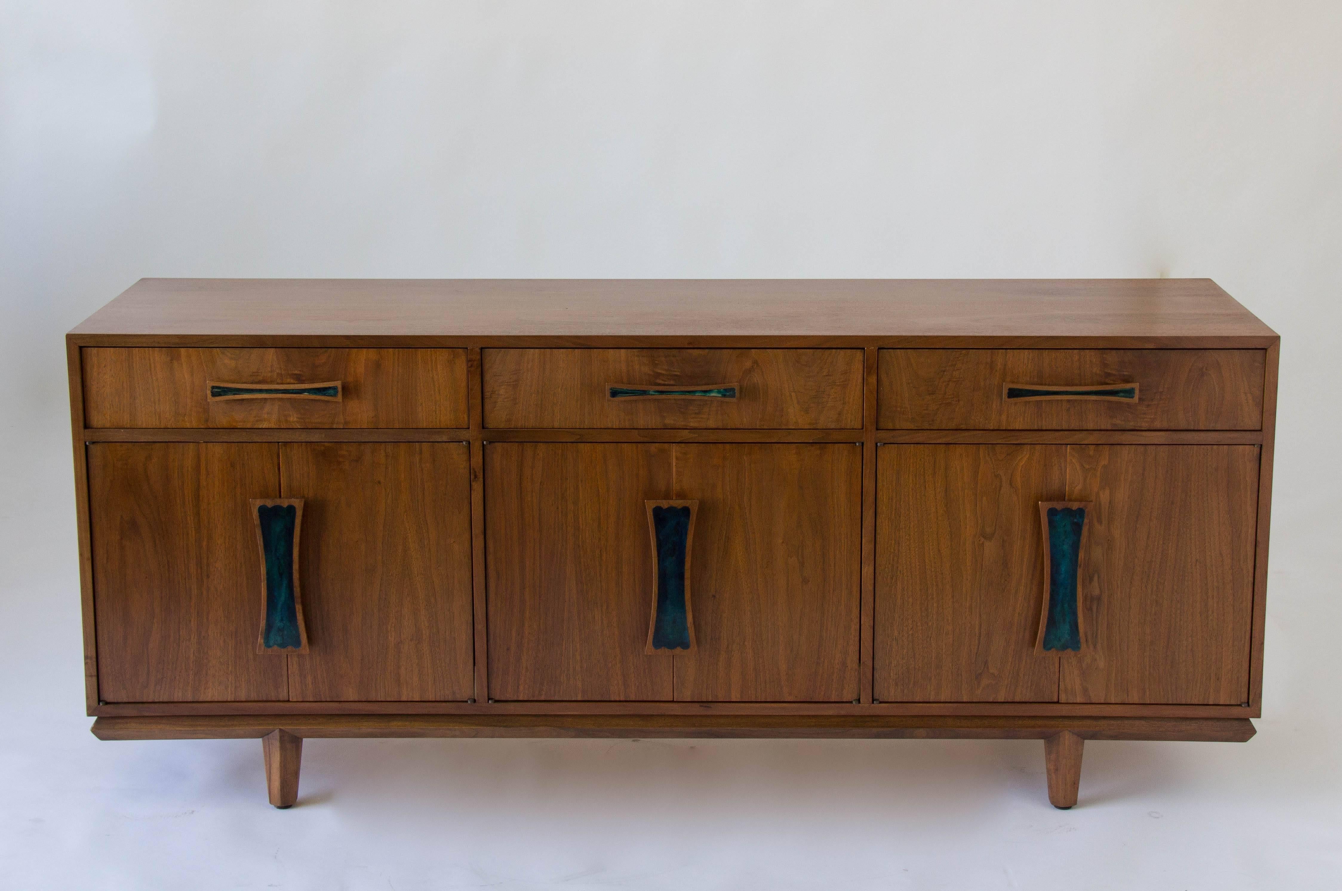 American Cal-Mode Walnut Credenza with Inlaid Handles