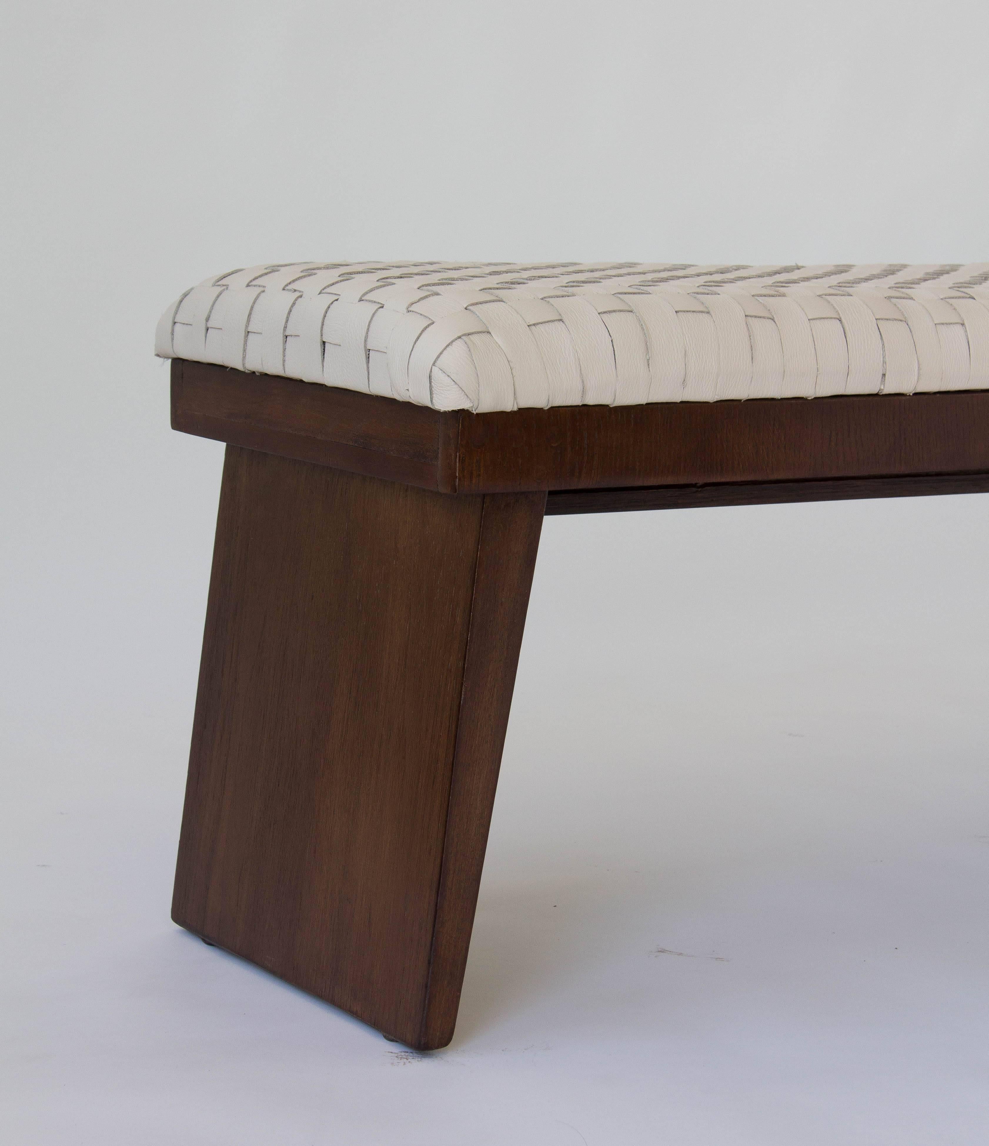 20th Century Walnut Bench with Woven Leather Seat