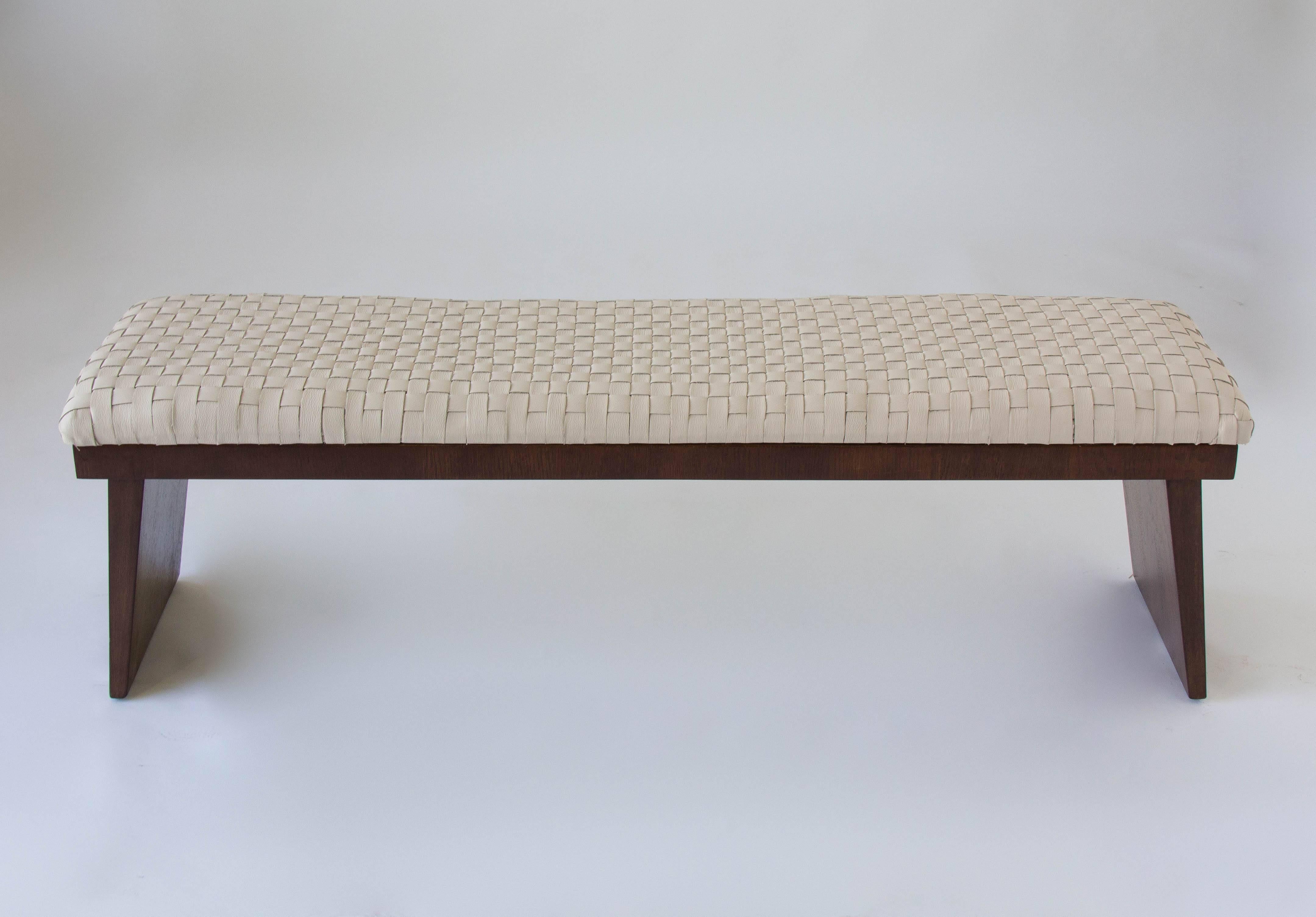 Mid-Century Modern Walnut Bench with Woven Leather Seat