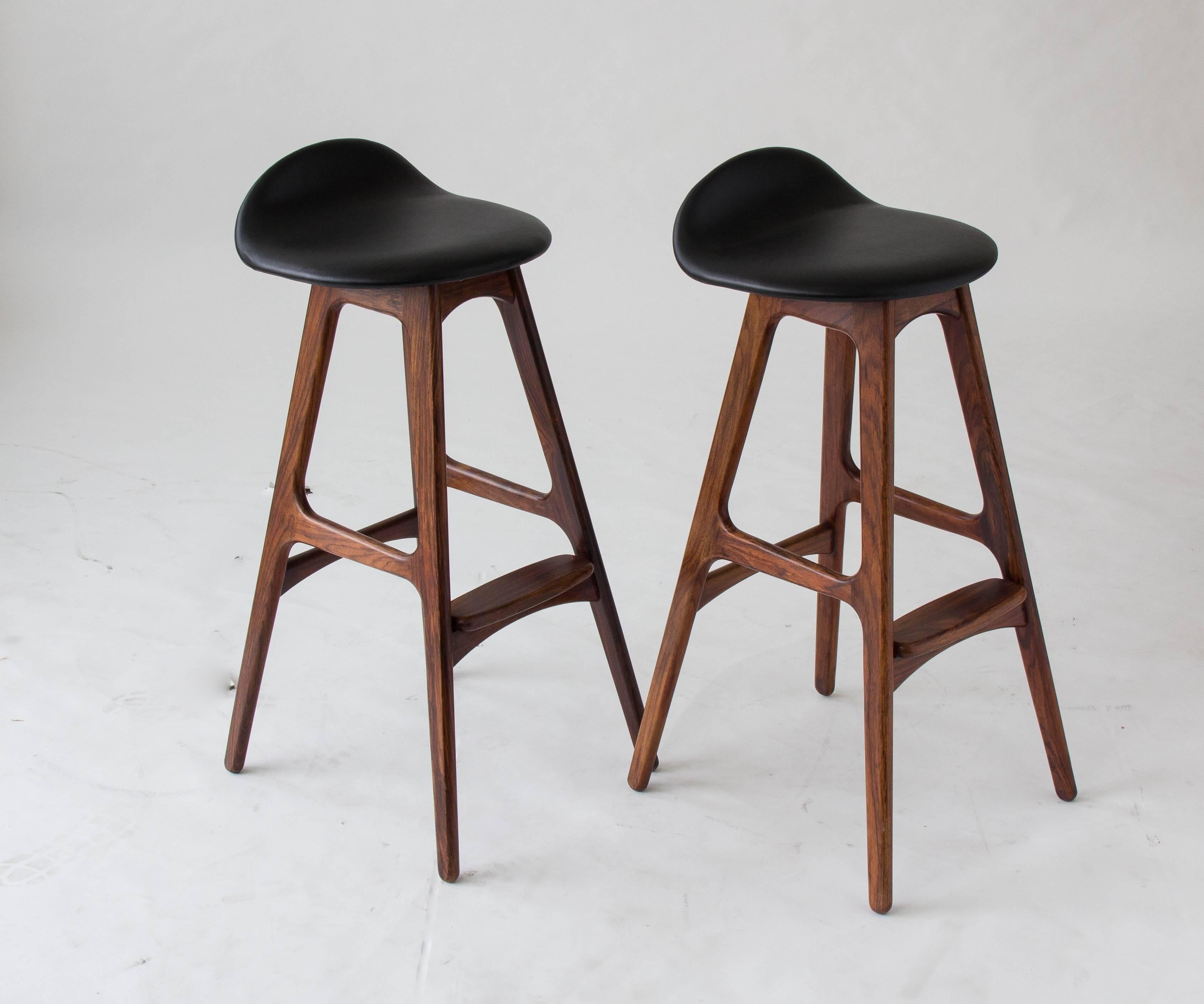 Scandinavian Modern Pair of Rosewood and Leather Bar Stools by Erik Buch for O.D. Møbler