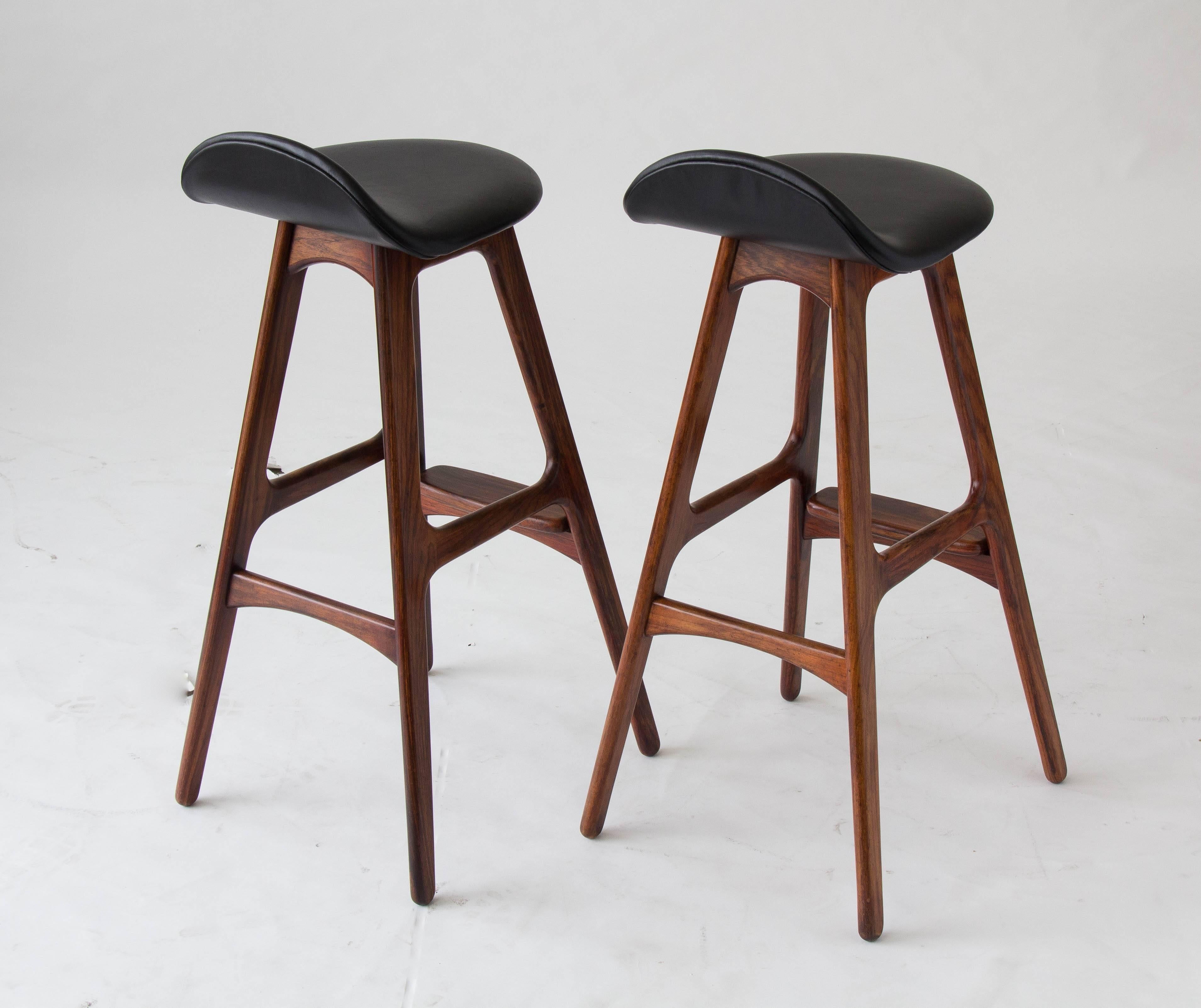 20th Century Pair of Rosewood and Leather Bar Stools by Erik Buch for O.D. Møbler