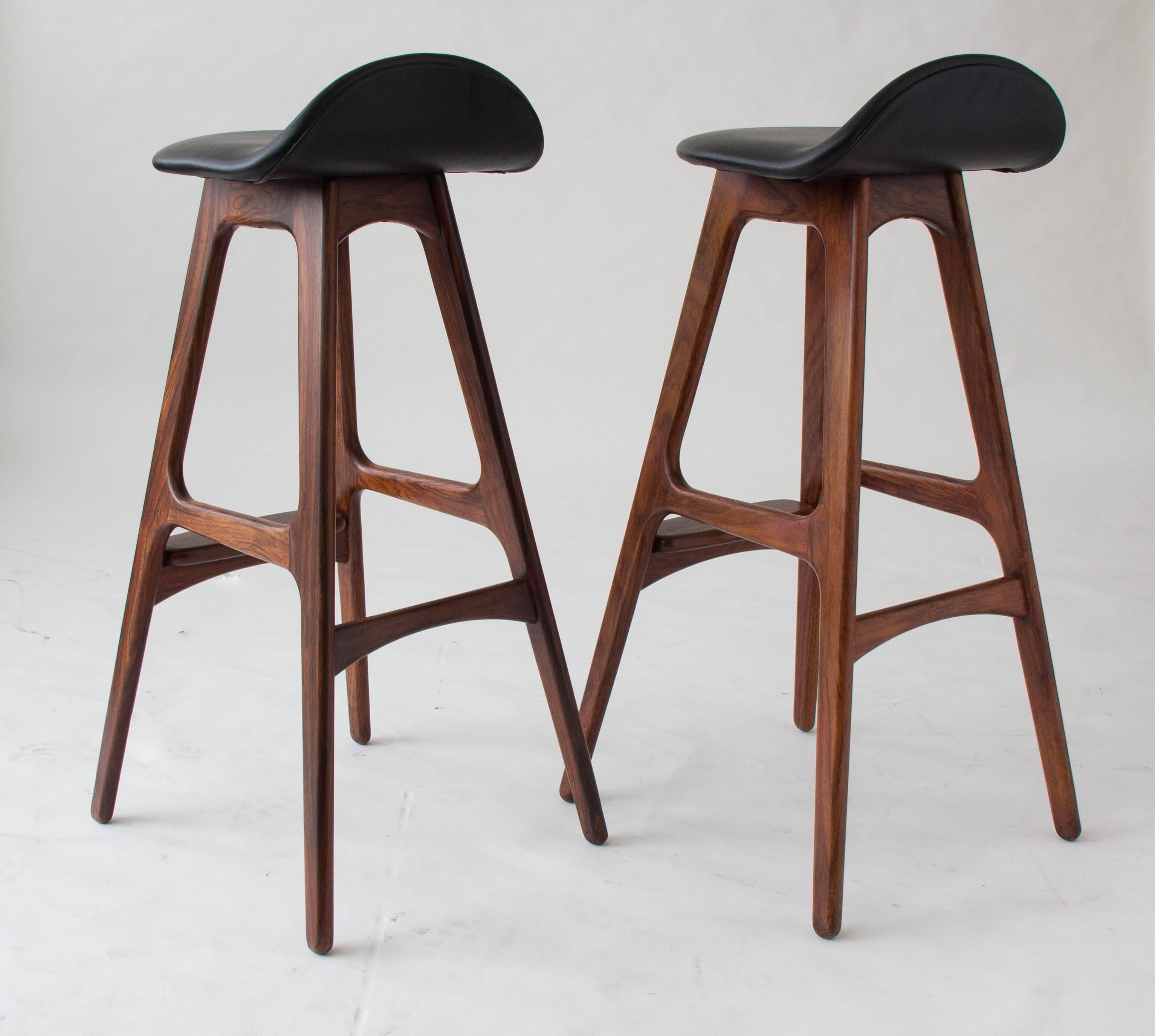 Danish Pair of Rosewood and Leather Bar Stools by Erik Buch for O.D. Møbler