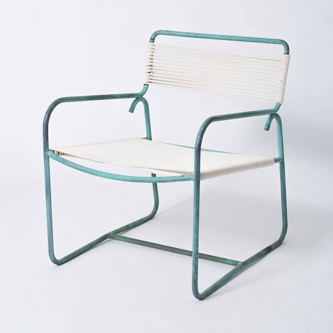 Patinated Patio Lounge Chair and Ottoman Set by Walter Lamb