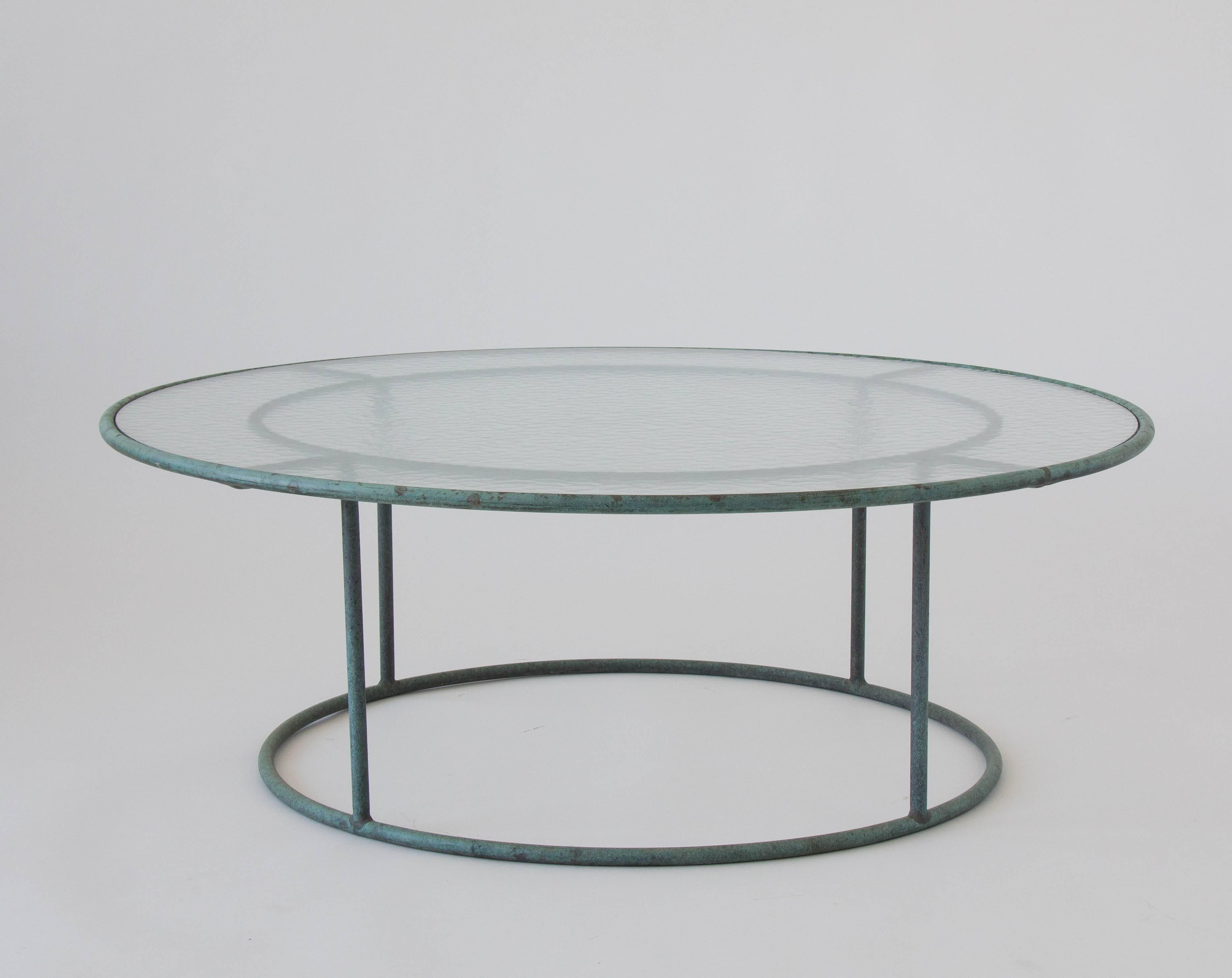 Walter Lamb Round Coffee Table with Hammered Glass Top In Excellent Condition In Los Angeles, CA
