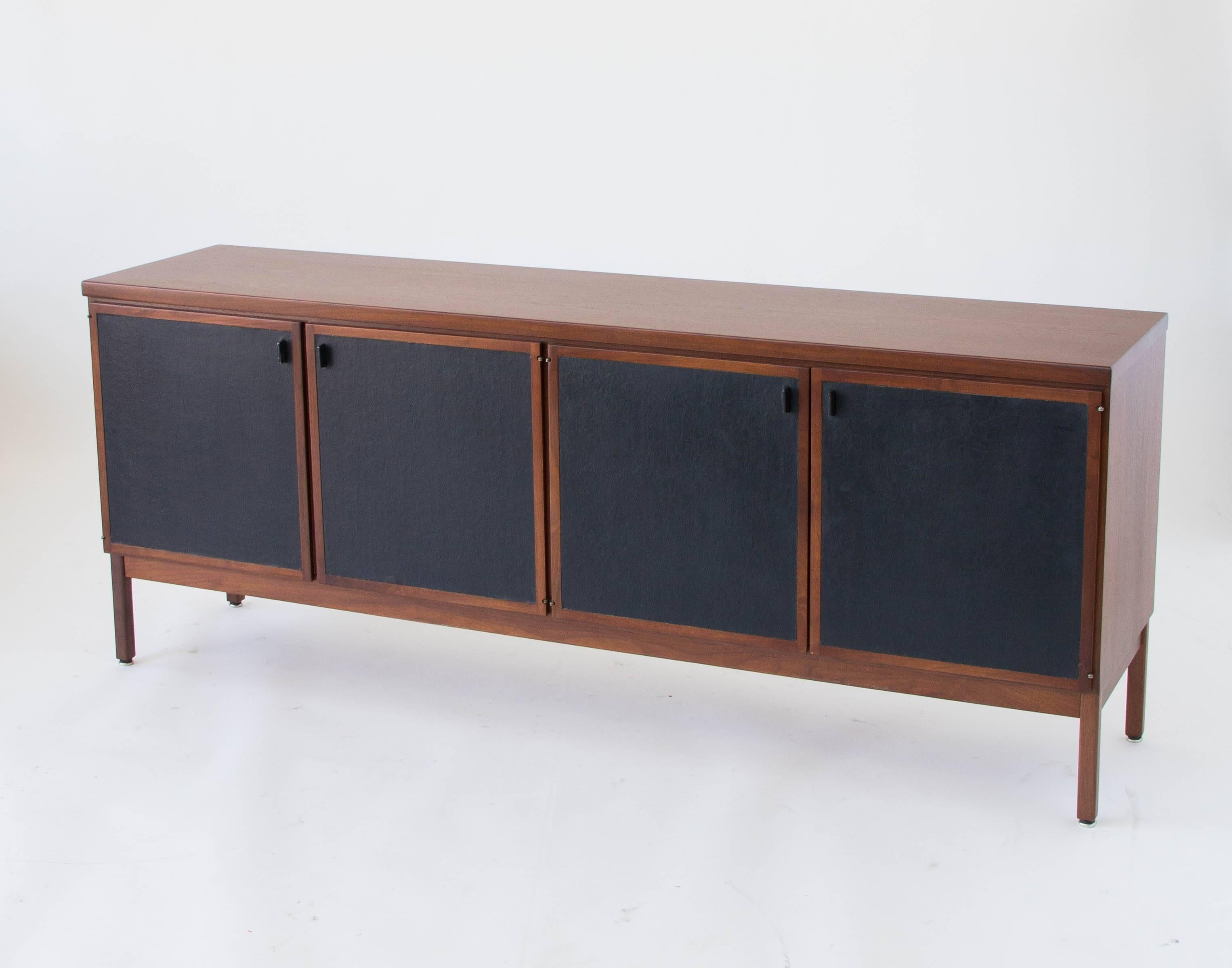 Mid-Century Modern Walnut Credenza with Leather-Paneled Doors In Excellent Condition In Los Angeles, CA