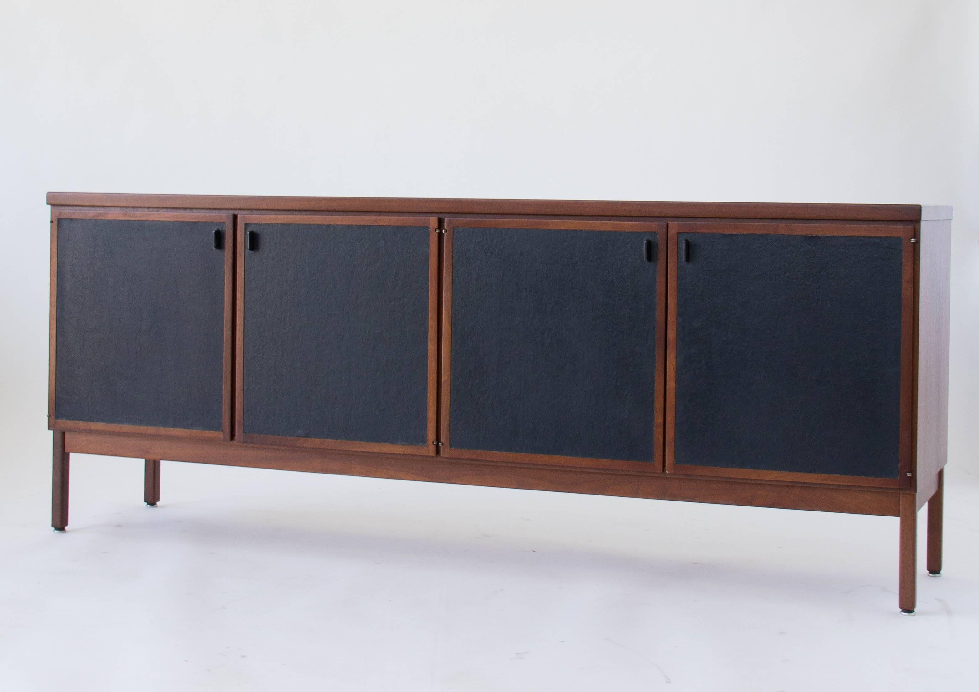 American Mid-Century Modern Walnut Credenza with Leather-Paneled Doors