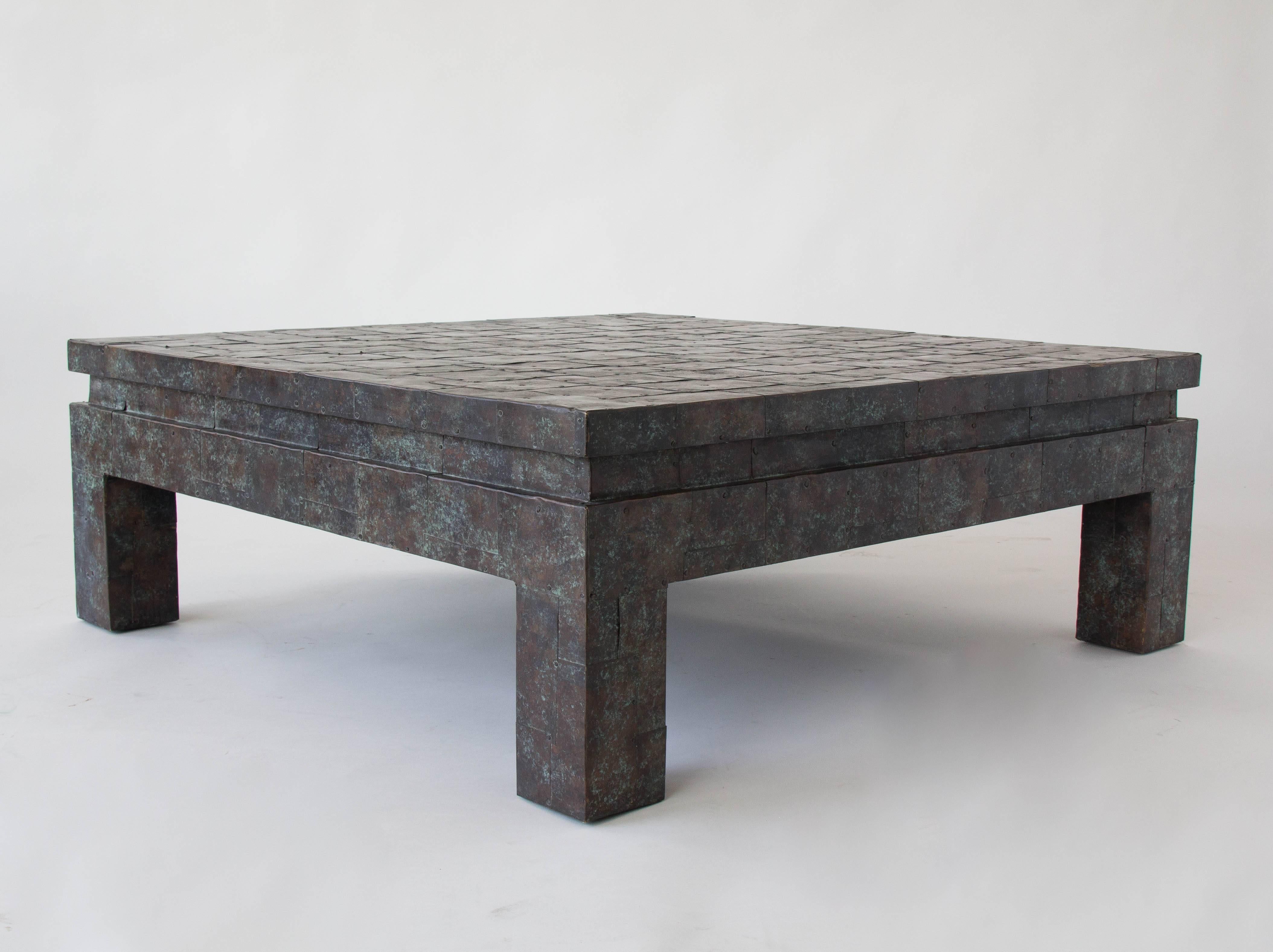 Modern Square Coffee Table with Copper Patchwork Finish by Maitland-Smith