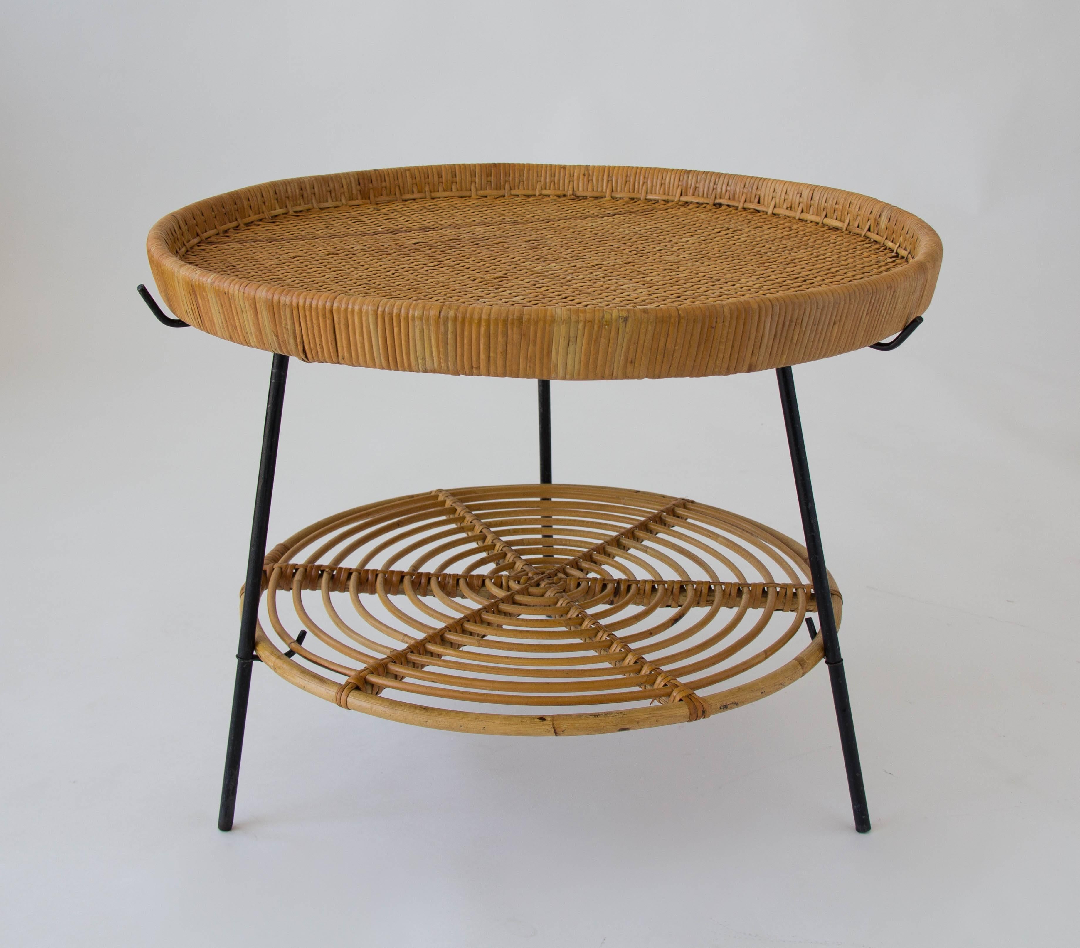 Mid-Century Modern Rattan Two-Tier Tray Table with Wrought Iron Legs