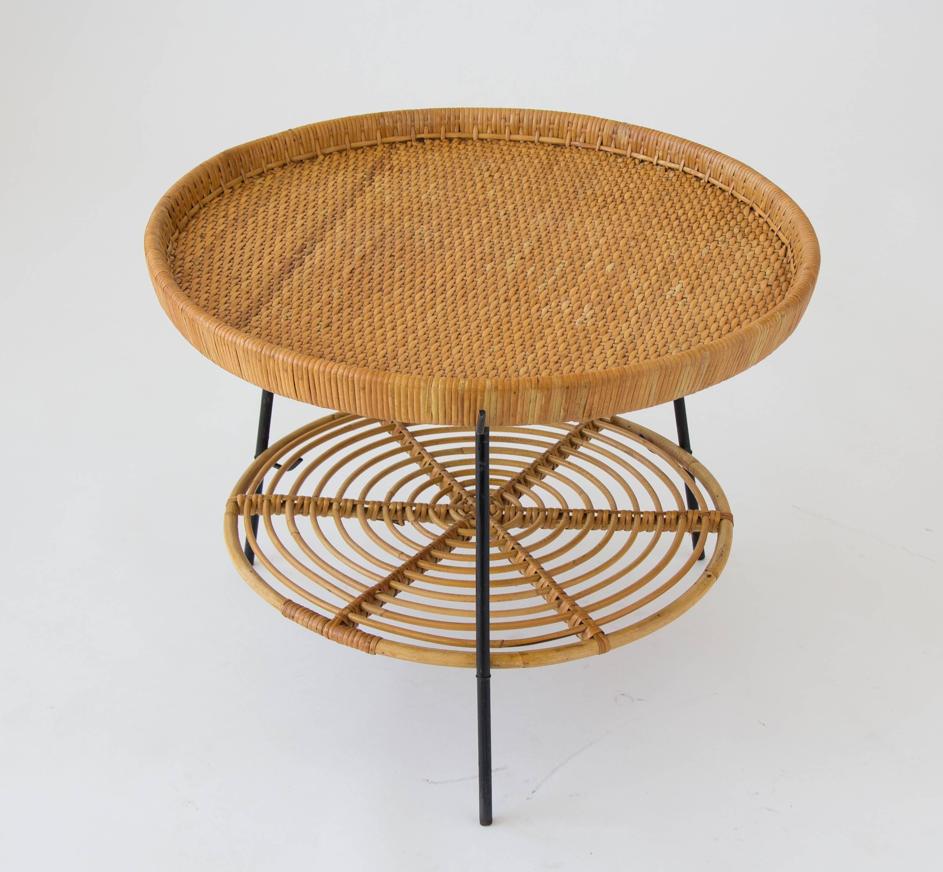 American Rattan Two-Tier Tray Table with Wrought Iron Legs