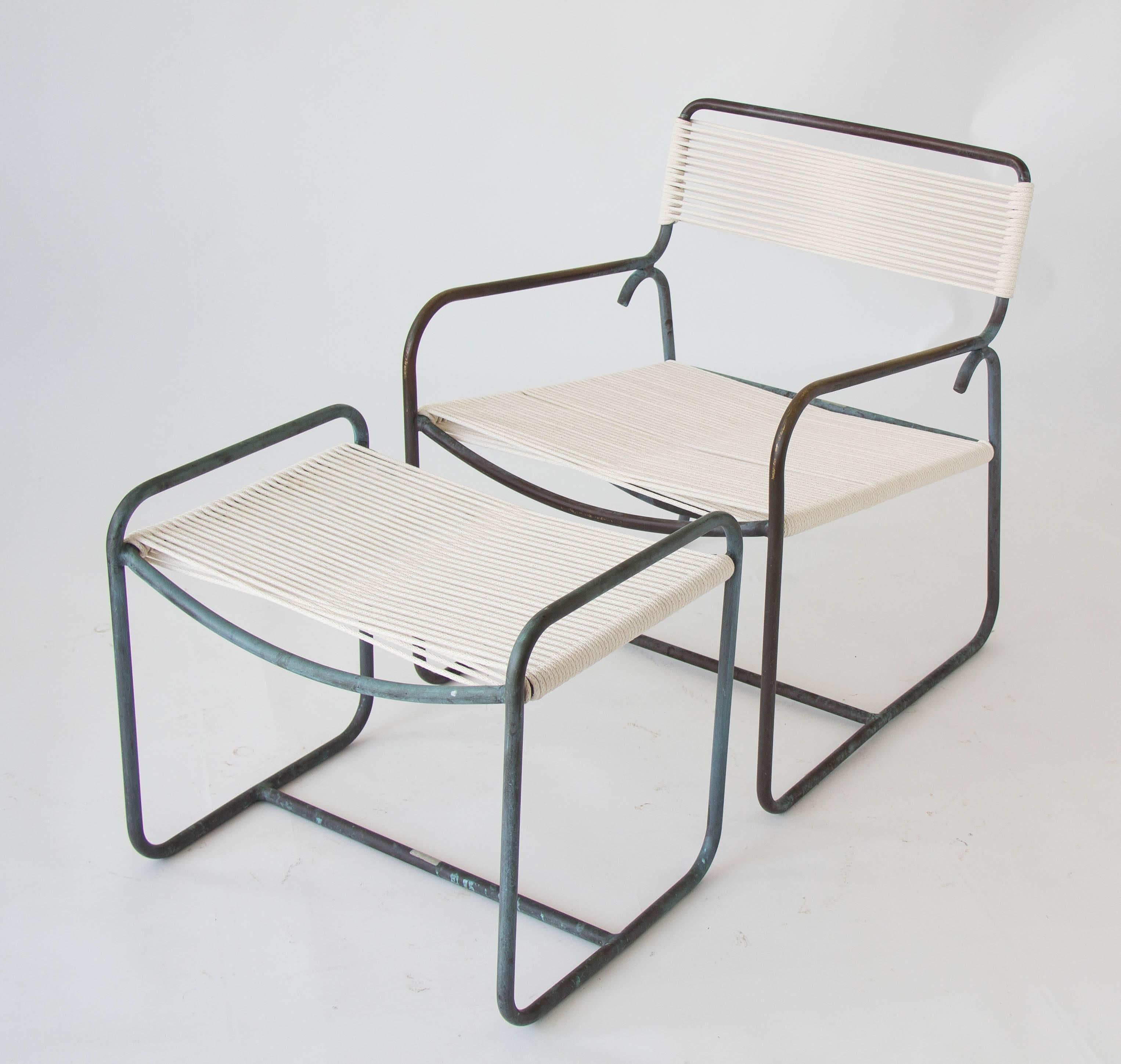 Patinated Single Walter Lamb Patio Lounge Chair and Ottoman Set