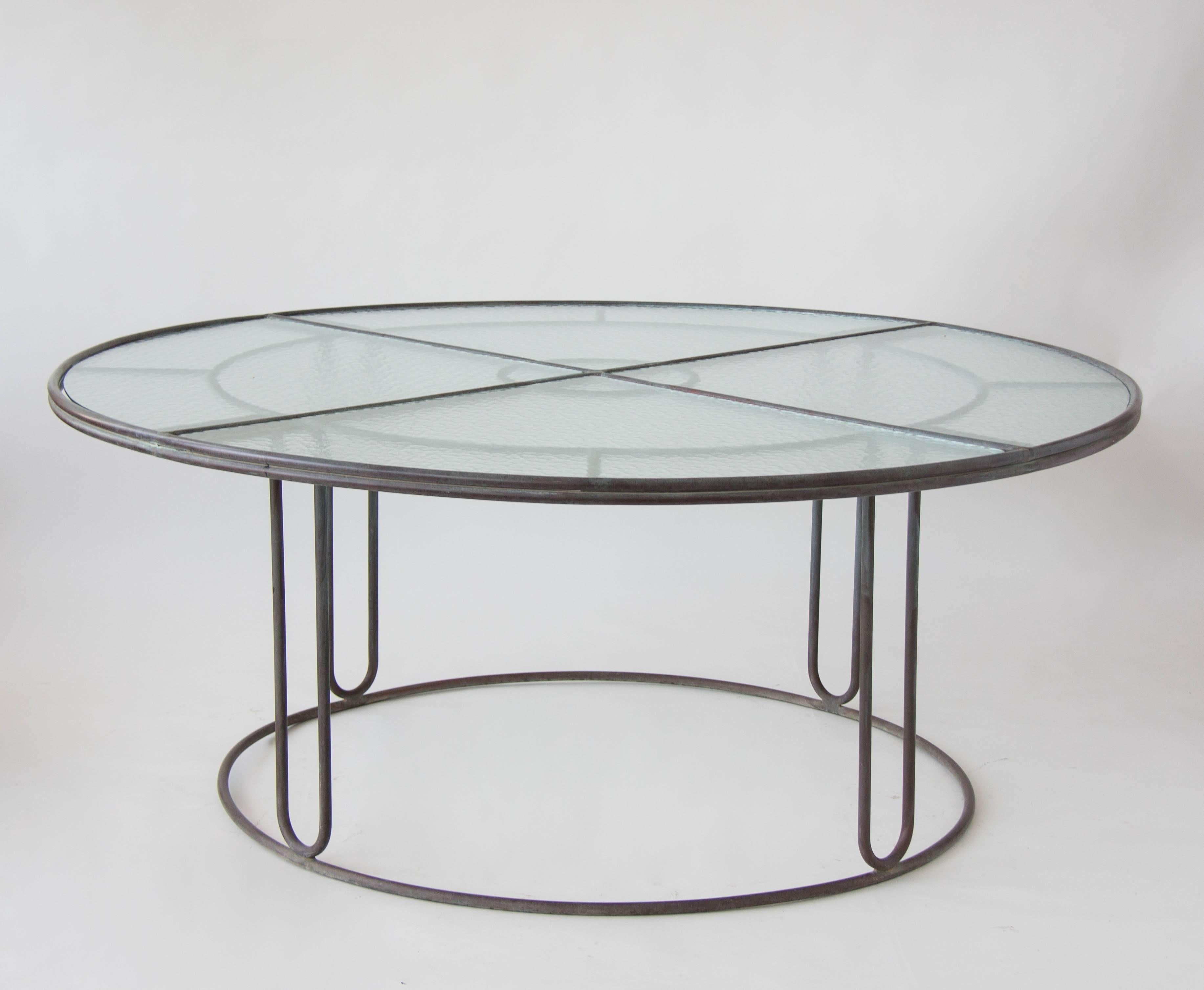 American Walter Lamb Bronze Round Dining Table with Hammered Glass Top