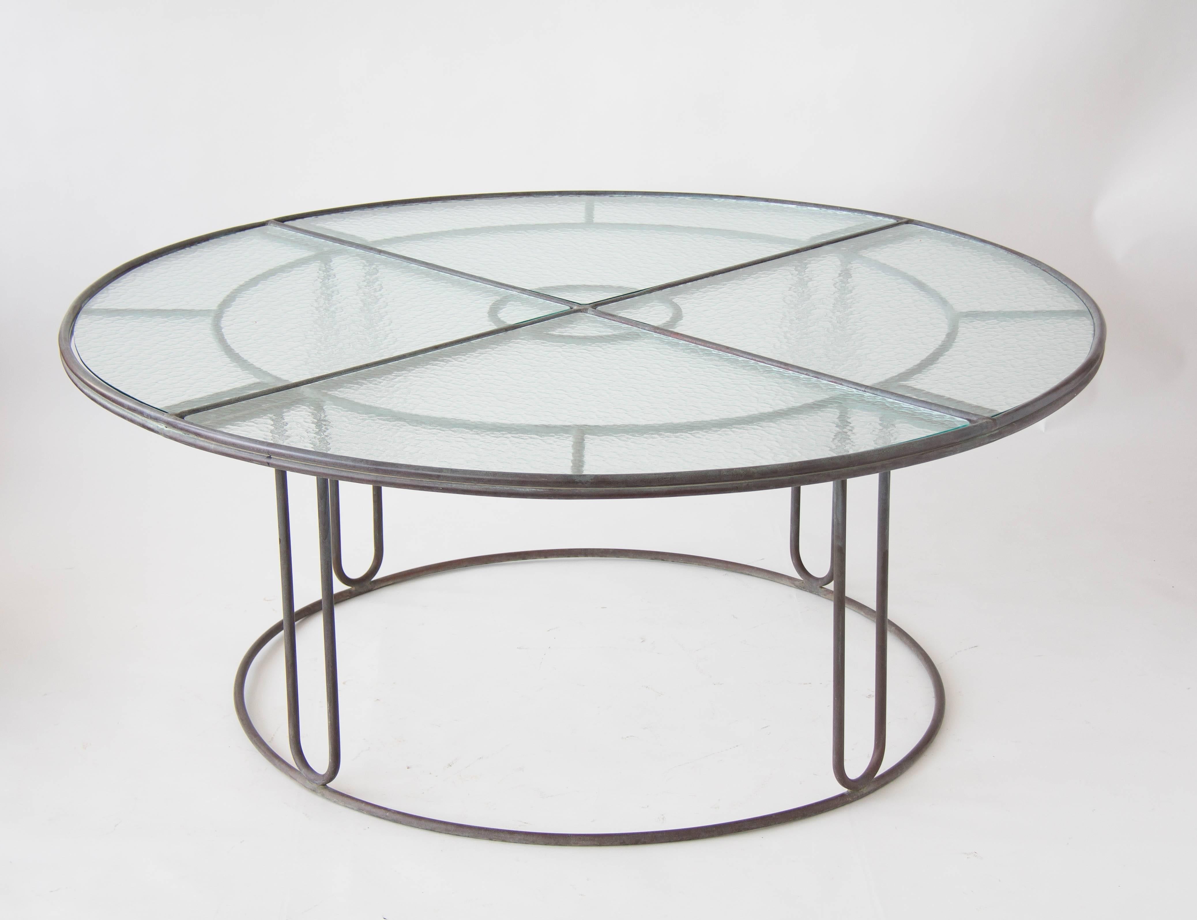 Walter Lamb Bronze Round Dining Table with Hammered Glass Top In Excellent Condition In Los Angeles, CA