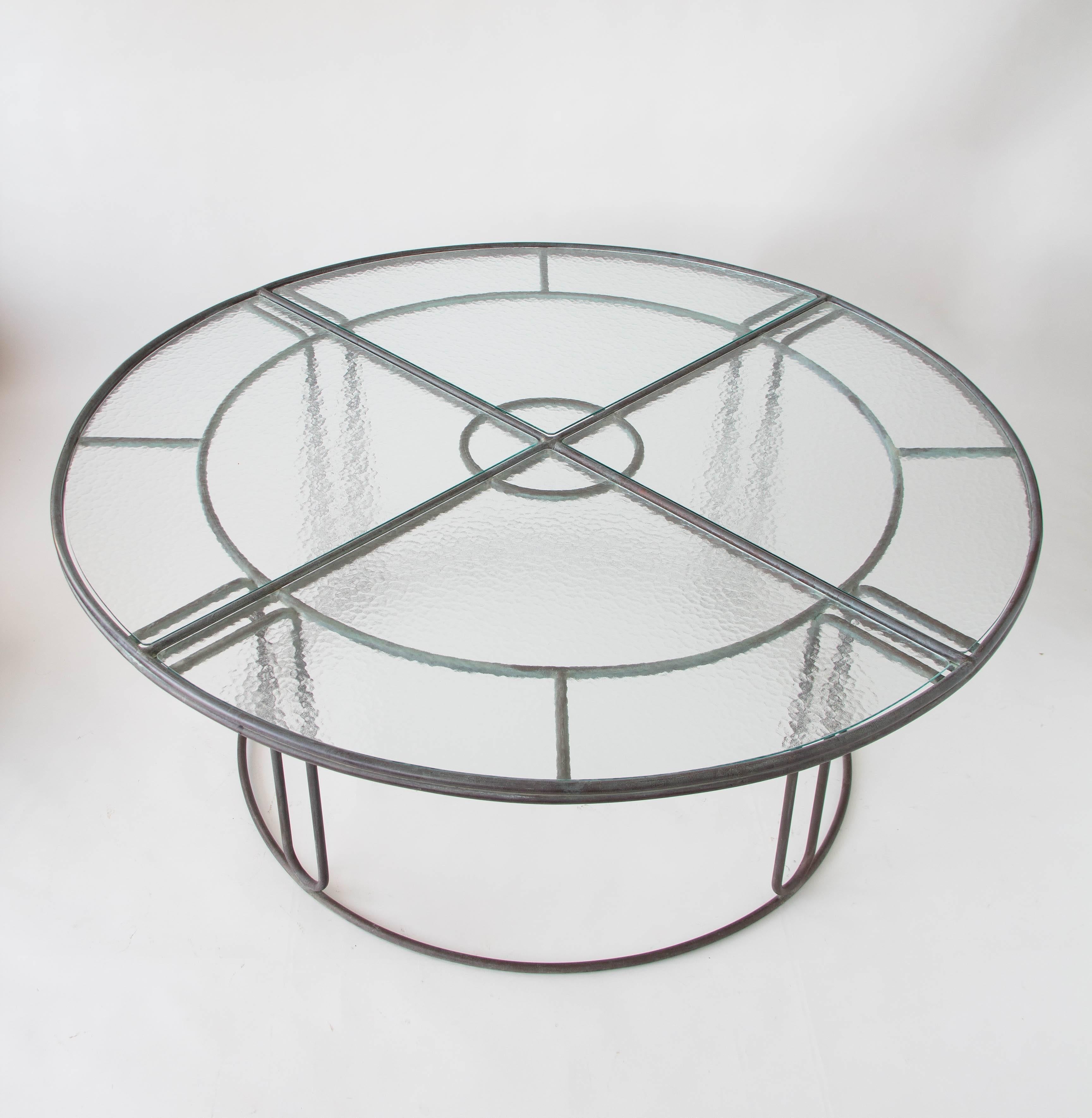 Walter Lamb Bronze Round Dining Table with Hammered Glass Top 1