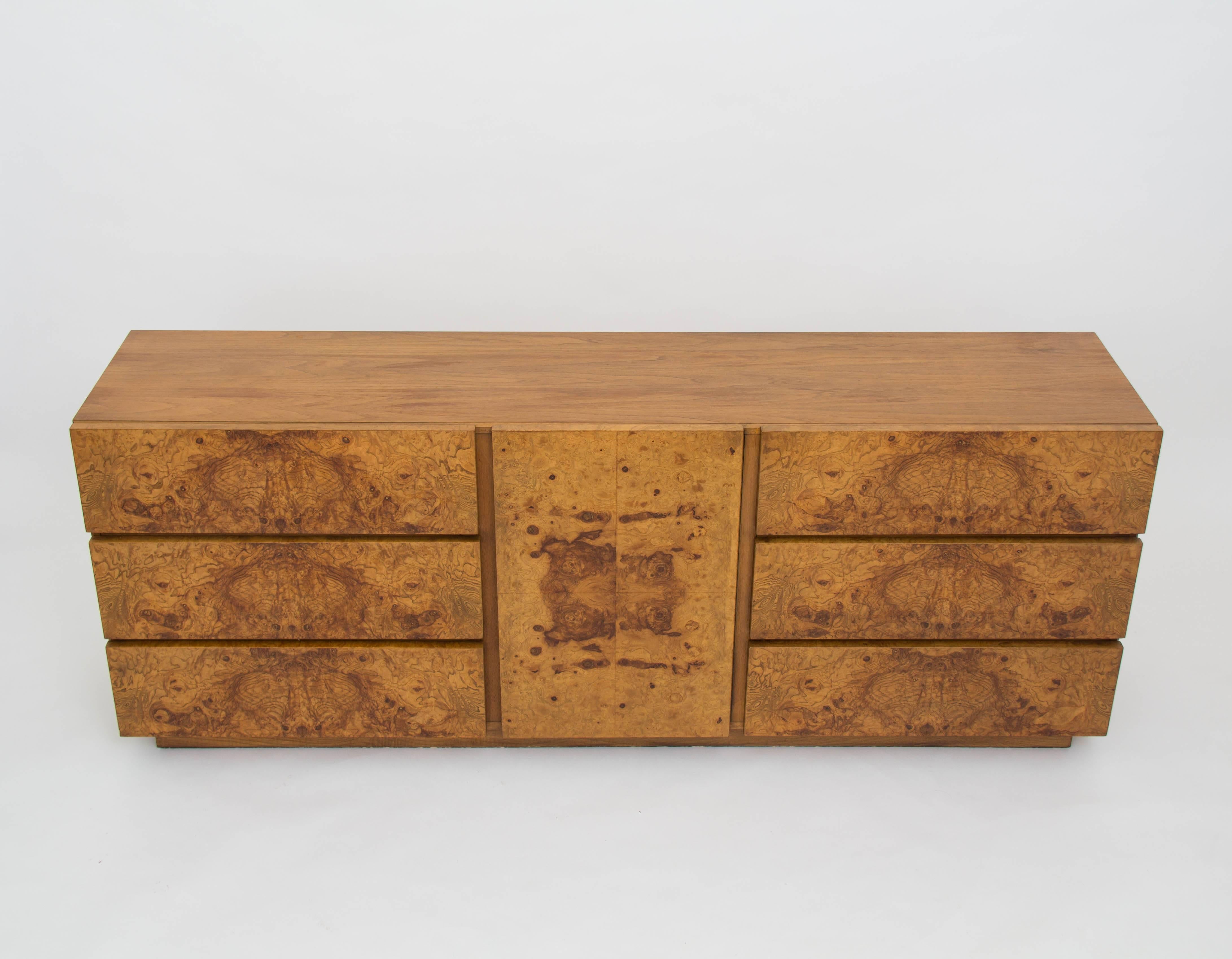 Mid-Century Modern Olive Burl Wood Credenza or Dresser by Milo Baughman for Lane