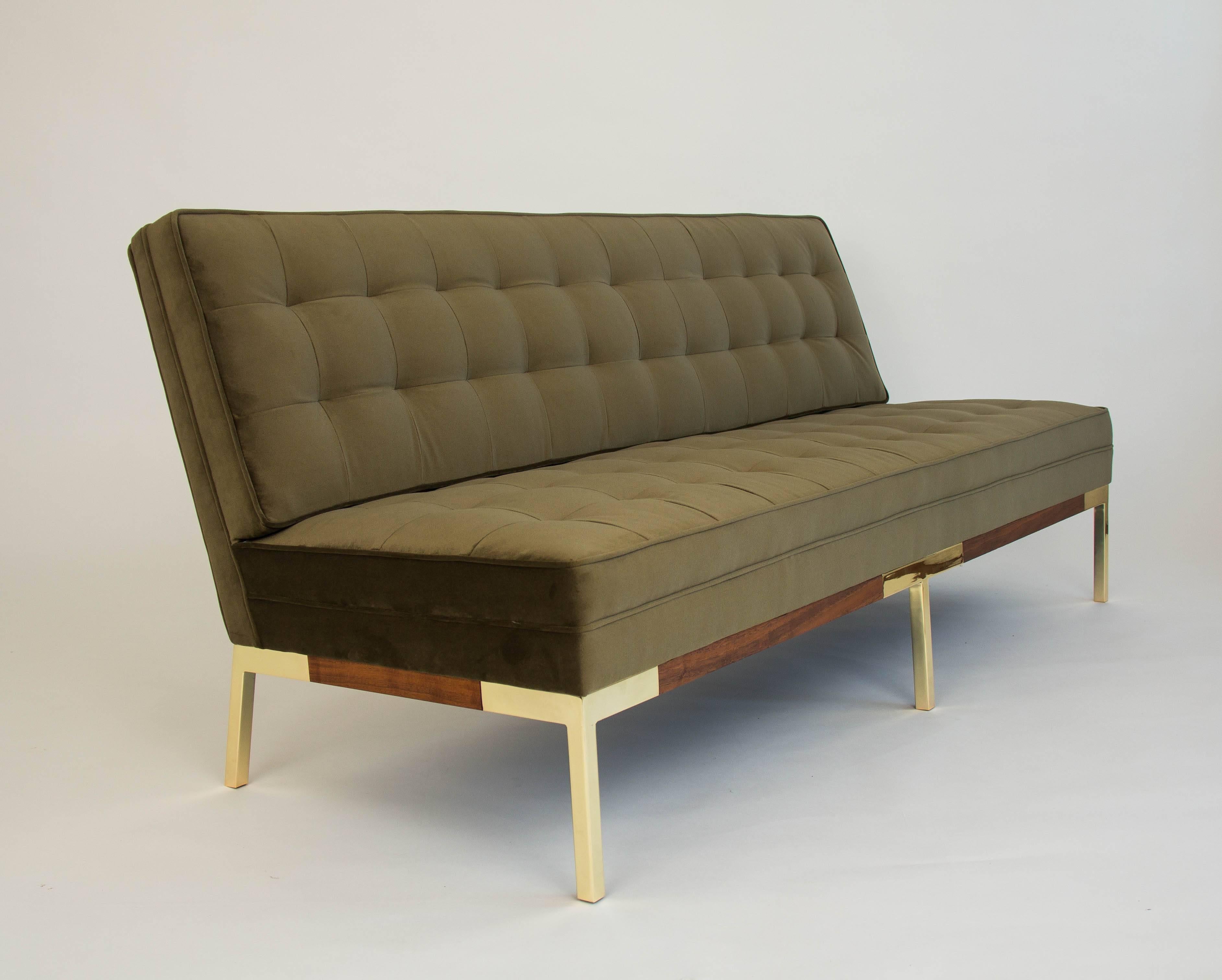 Mid-Century Modern Lee Woodard Quilted Velvet Sofa with Walnut and Brass Frame