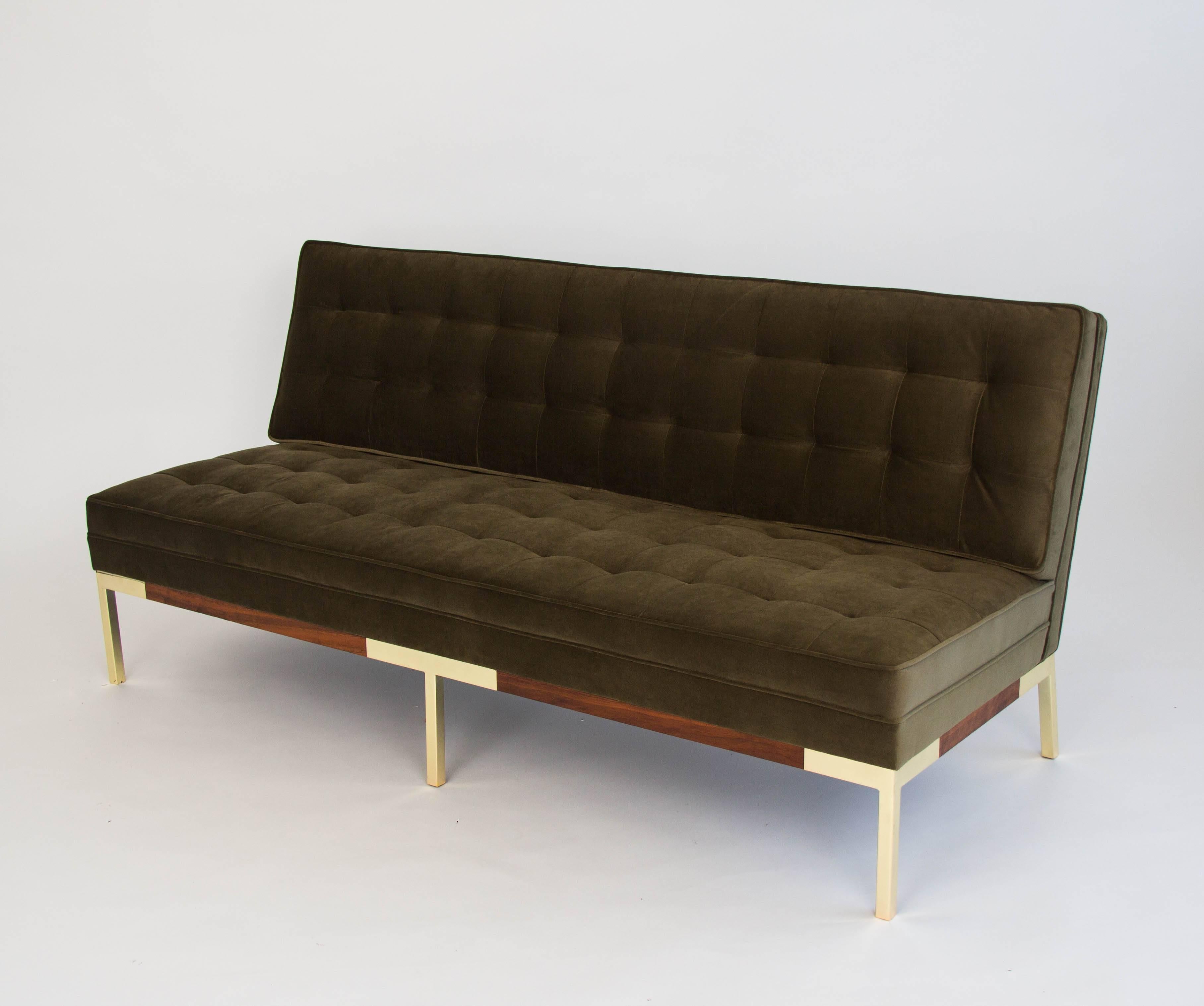 20th Century Lee Woodard Quilted Velvet Sofa with Walnut and Brass Frame