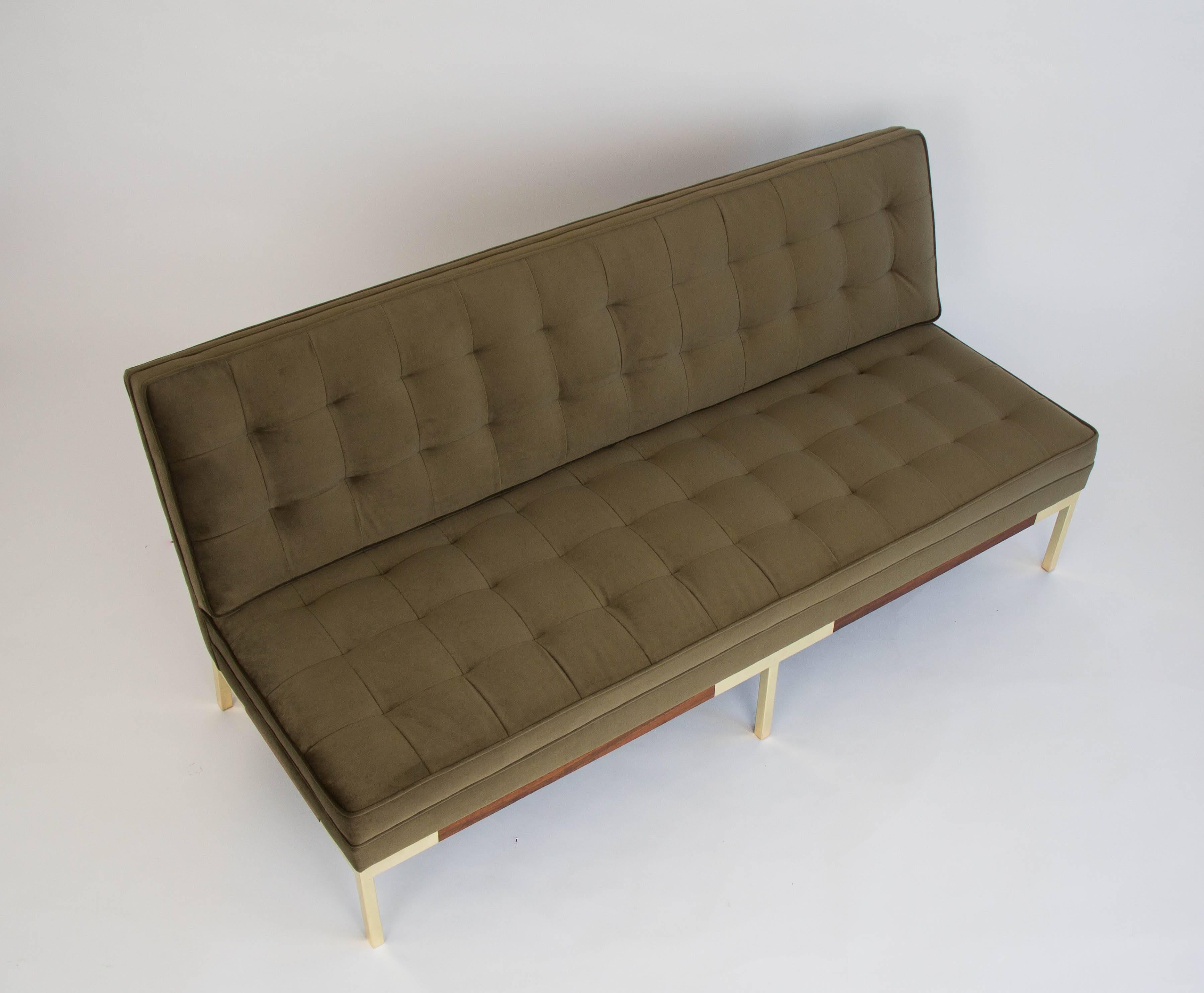 American Lee Woodard Quilted Velvet Sofa with Walnut and Brass Frame