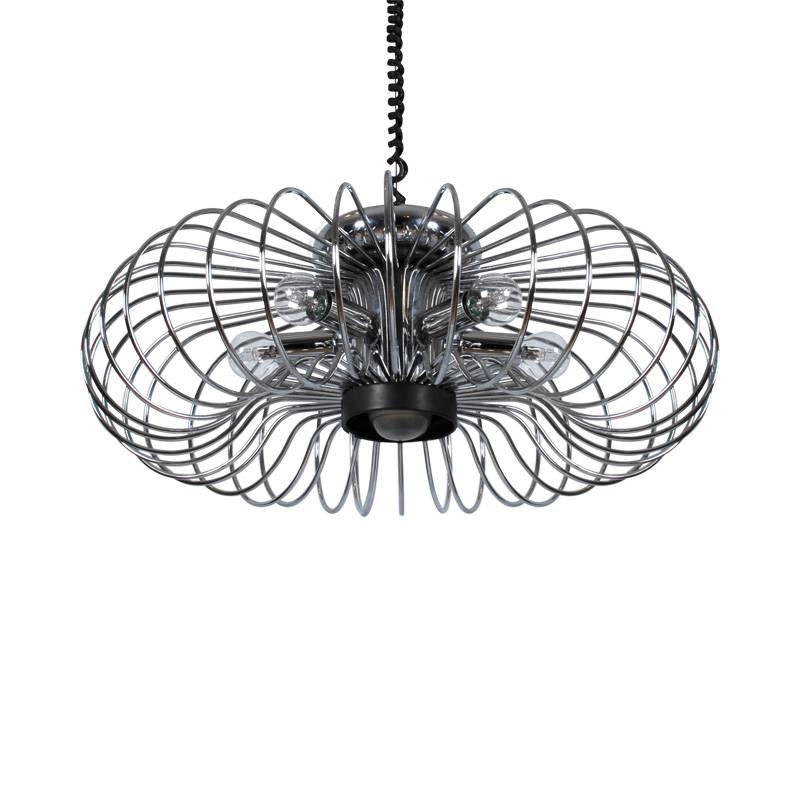 Gaetano Sciolari space age pendant chandelier, 1970s, Italy.

Wonderful chandelier made in chrome steel wires. Holding seven bulbs. Can be fitted with reflector bulbs according to room size and light needed.

Fittings E14 standard sizes. 

In