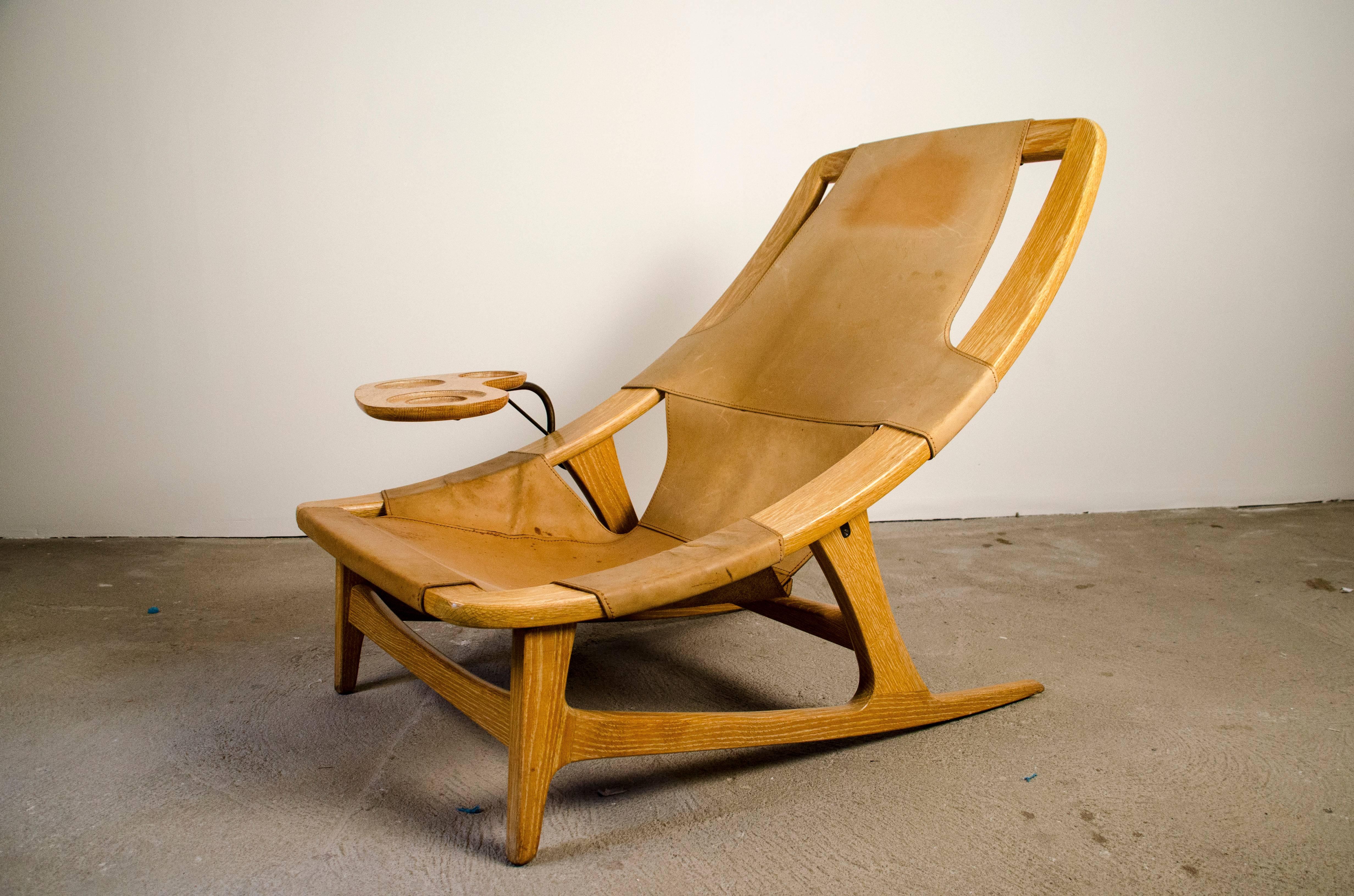 Mid-Century Modern Rare Arne Tidemand Ruud Holmenkollen Chair with Tablet Midcentury Leather Oak For Sale