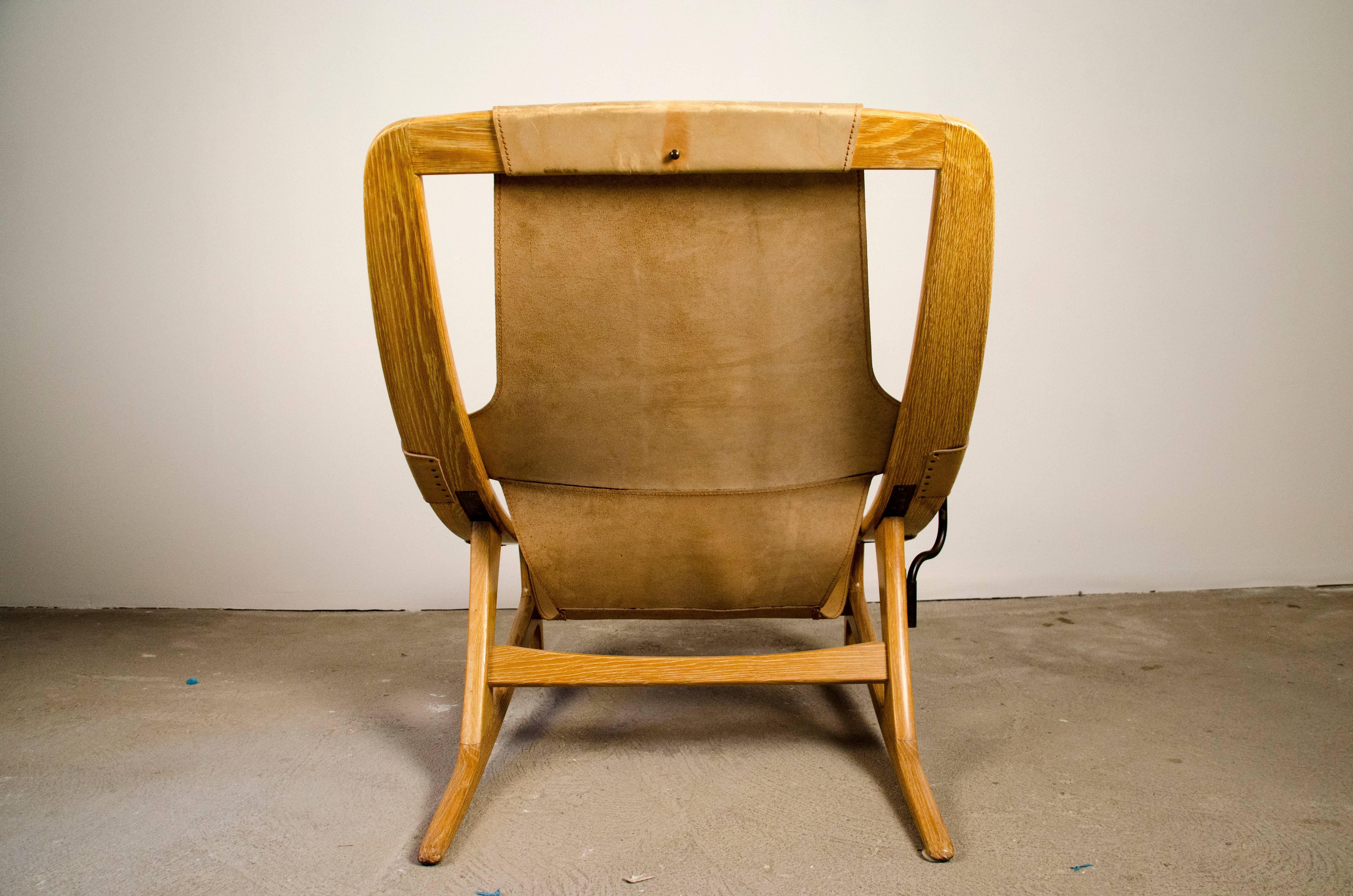 Norwegian Rare Arne Tidemand Ruud Holmenkollen Chair with Tablet Midcentury Leather Oak For Sale