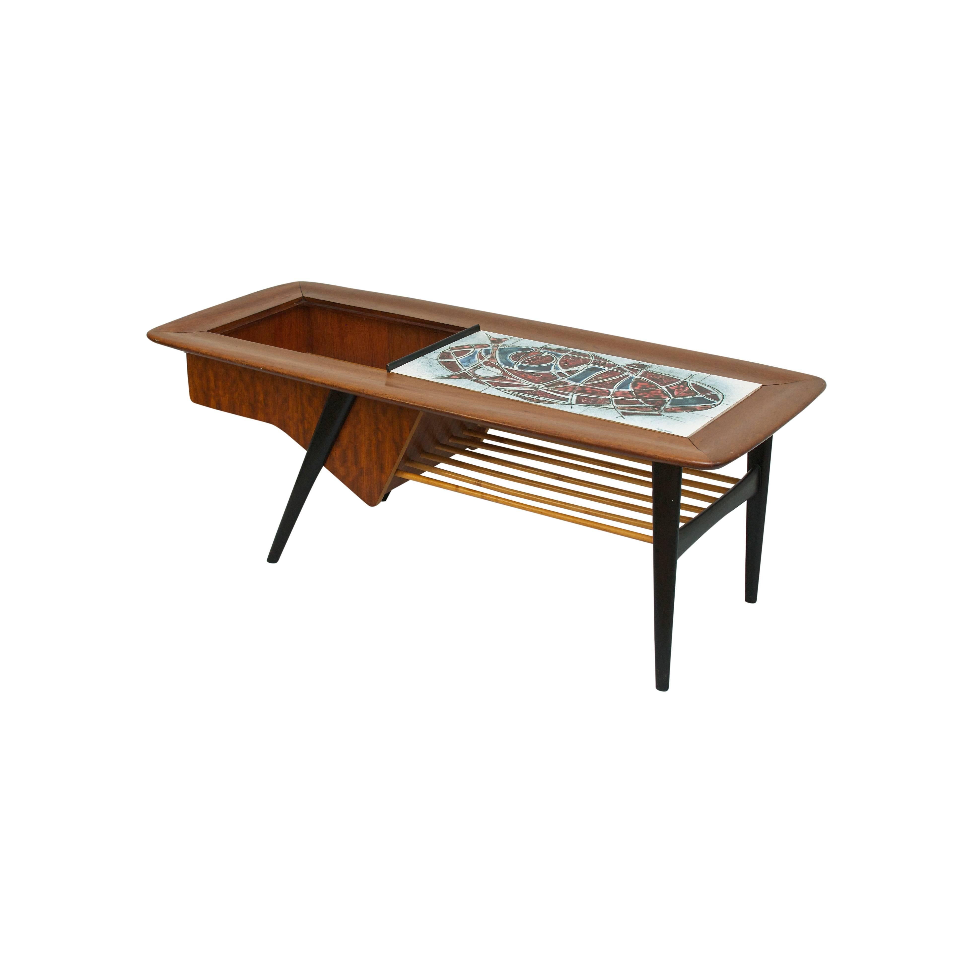 Alfred Hendrickx coffee table with sliding tray with ceramic tiles by Artist signed Nielens for Belform Belgium 1950s. Base in stained beech top in lacquered mahogany, cage in mahogany veneer.  