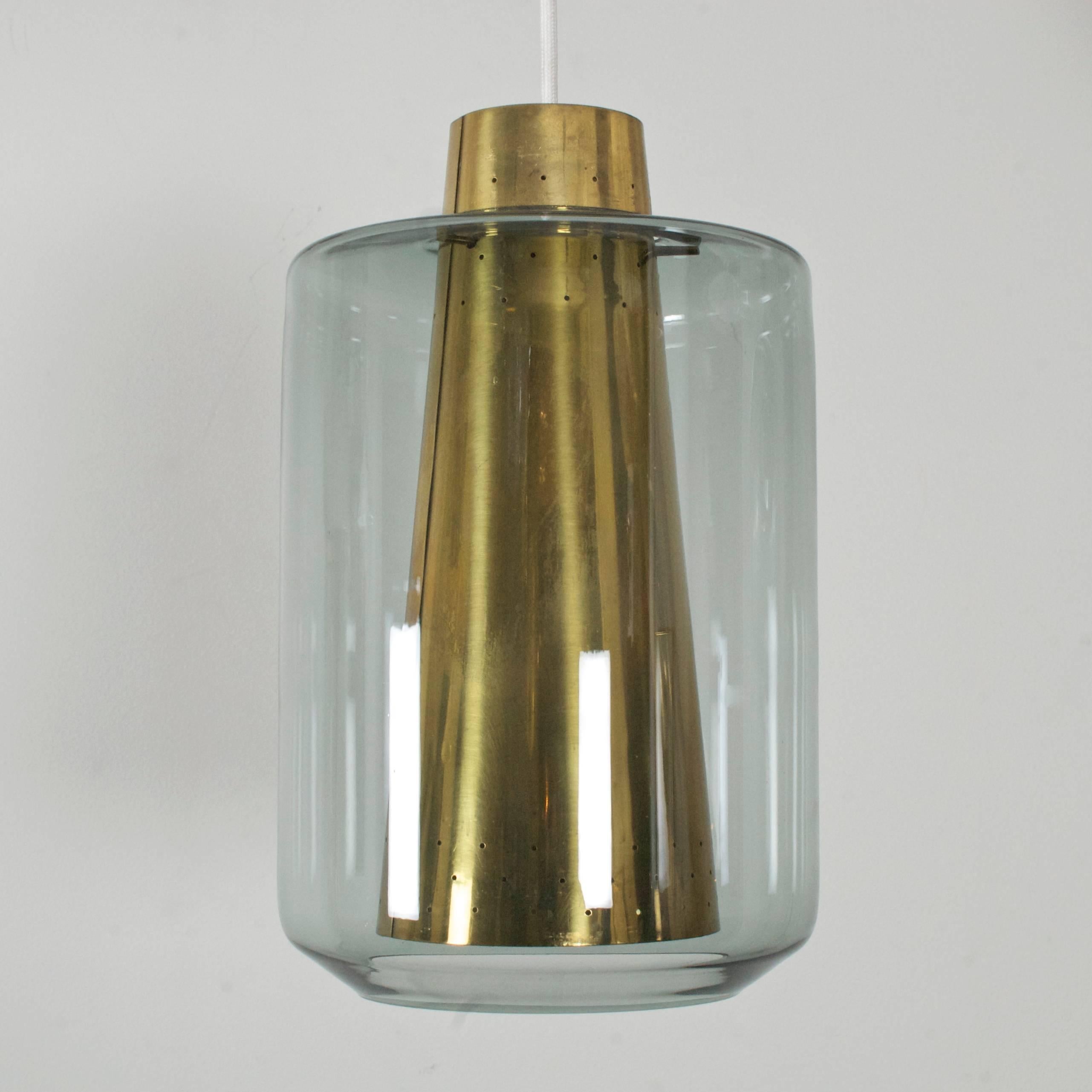 Art Glass Norwegian Brass and Glass Pendant Lamp Attributed to Arnold Wiig Fabrikker 1960s