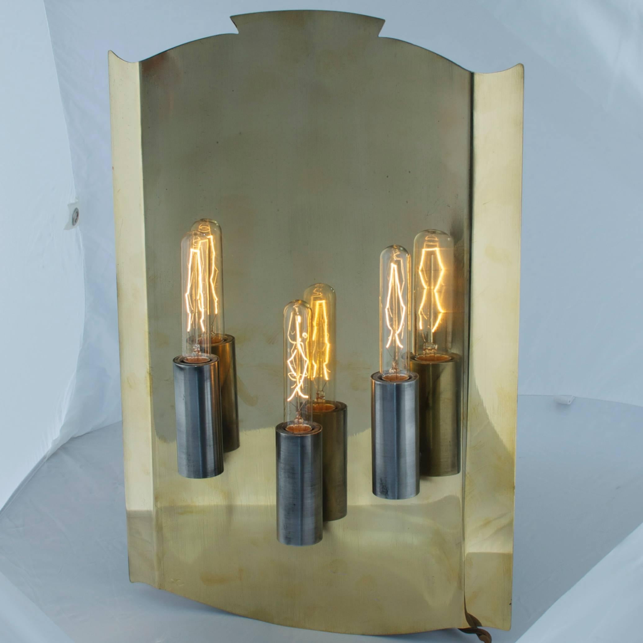 Large wall sconces in brass Scandinavia 1950s. 

Massive brass wall lamps with fittings in polished steel. Most probably manufactured in Norway by Høvik Lys 1940s. 

Newly wired in our workshops and fully sound electric. 

