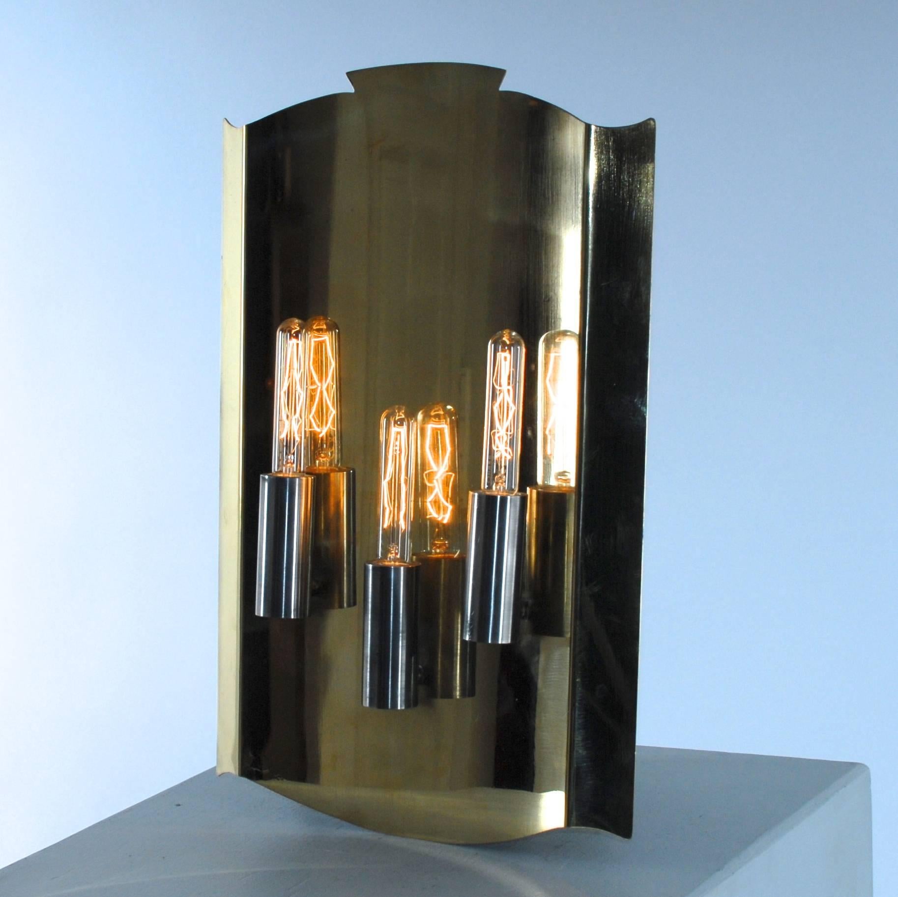 Mid-Century Modern Sconce Pair shield in Brass and Aluminium Norway Scandinavia Late 1940s For Sale