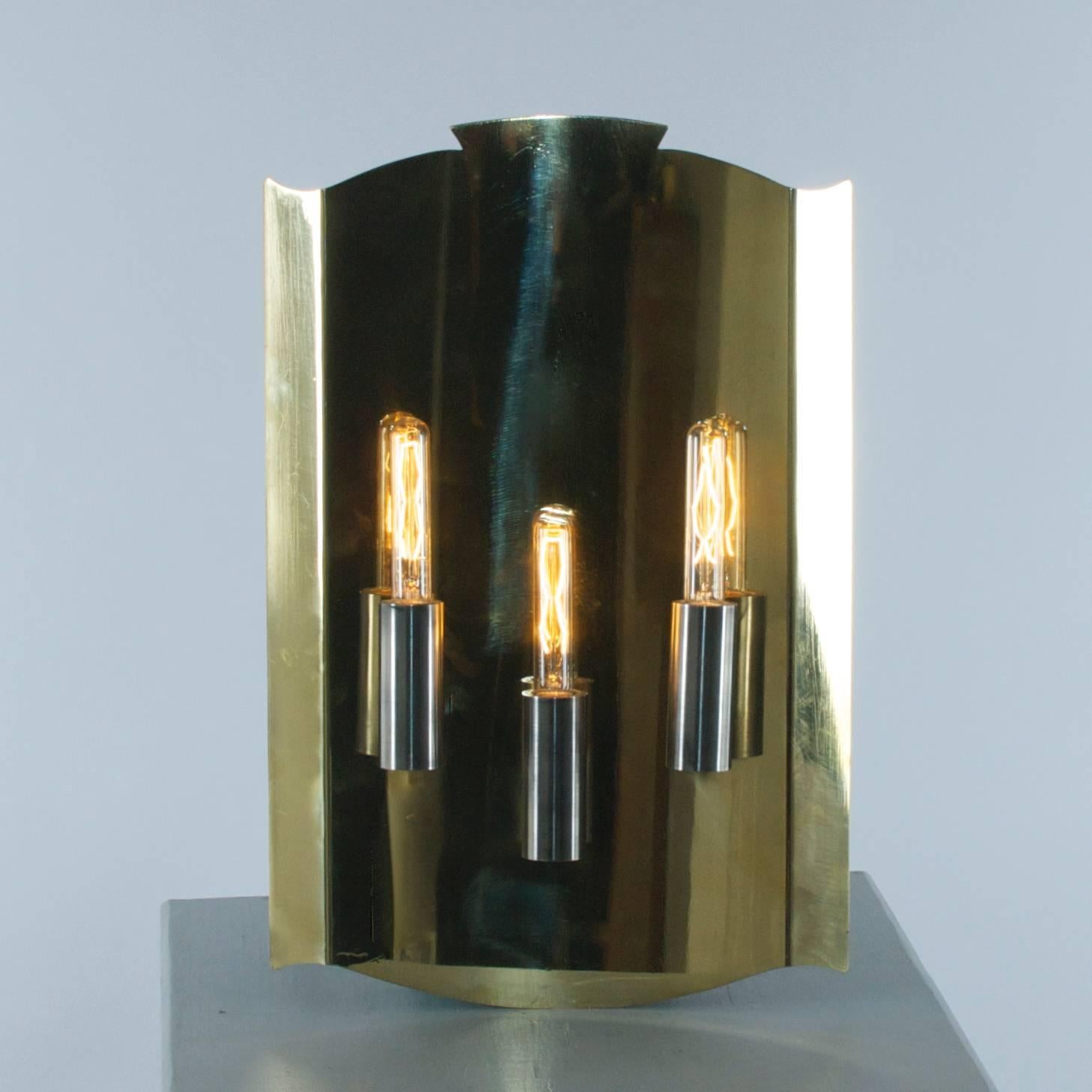 Norwegian Sconce Pair shield in Brass and Aluminium Norway Scandinavia Late 1940s For Sale