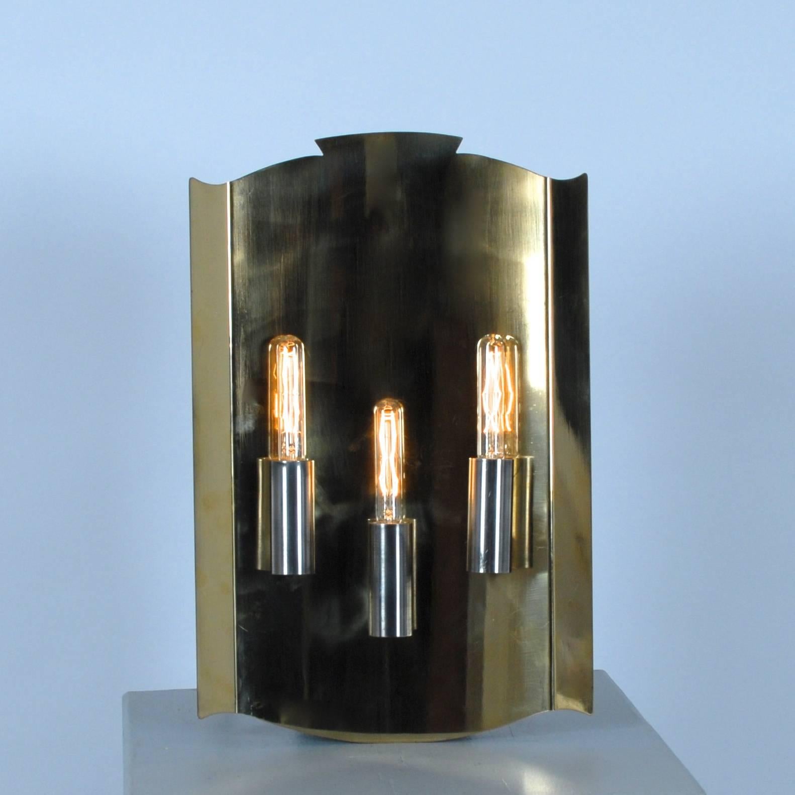 Polished Sconce Pair shield in Brass and Aluminium Norway Scandinavia Late 1940s For Sale
