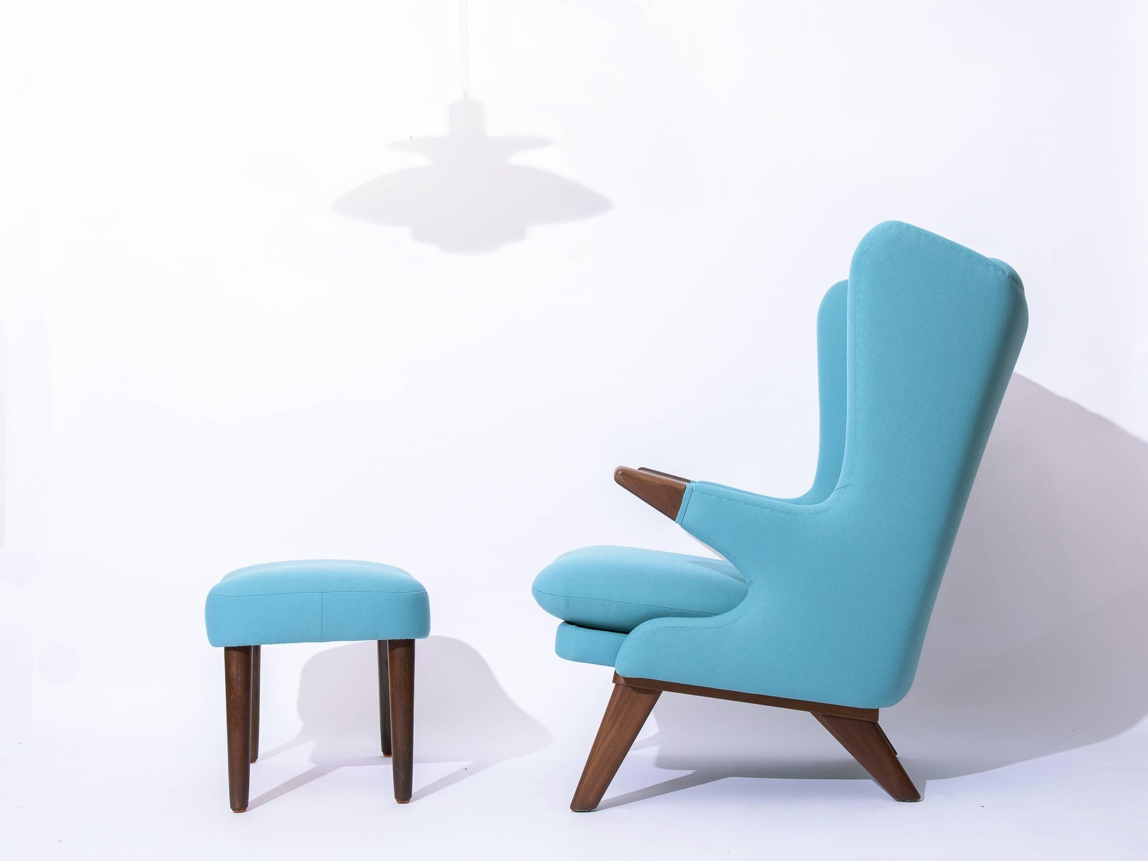 Wingback Lounge Teak Chair with Footstool in soft turquoise, Model 91 