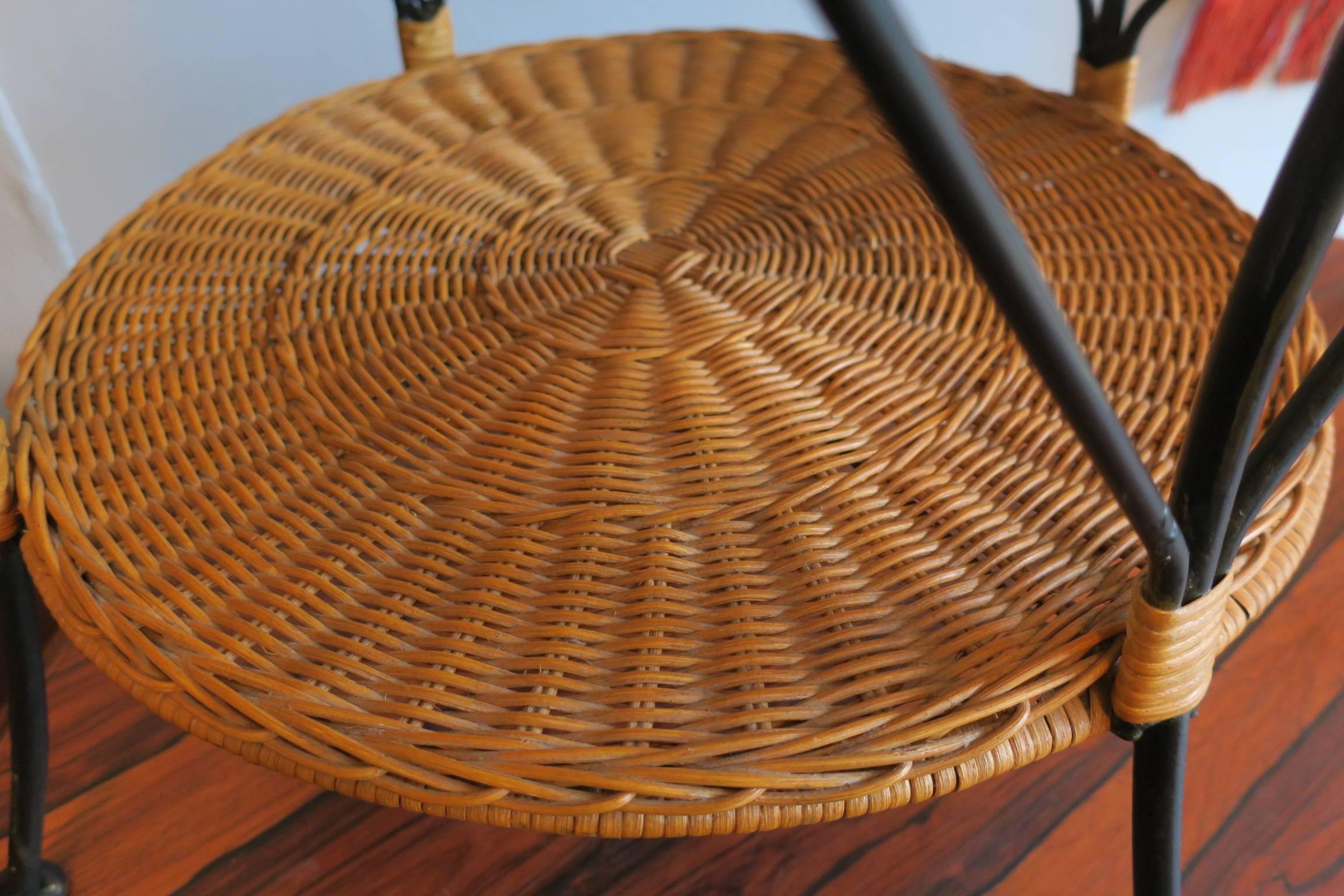 European Rattan and Iron Two-Tier Coffee Table Mid Century For Sale