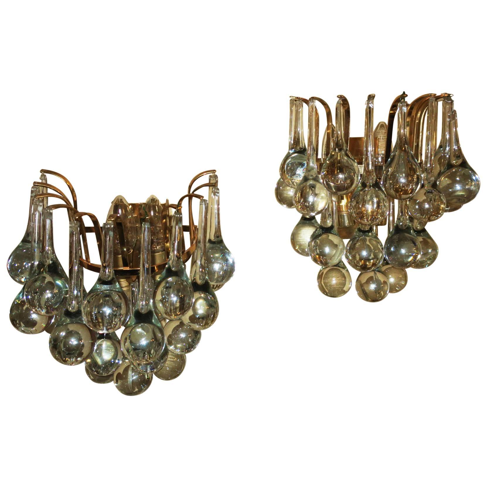 Pair of Christoph Palme Glass Droplet and Gilt Brass Sconces, 1970