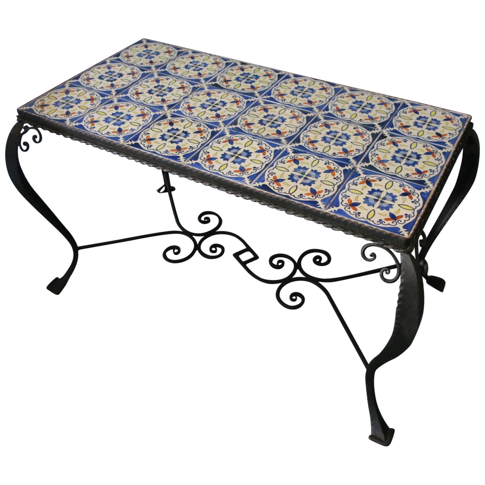 Midcentury Wrought Iron and Tiled Coffee or Cocktail Table For Sale