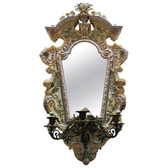 Large Hugo Lonitz Majolica Bevelled Glass Wall Mirror with Triple Candelabra