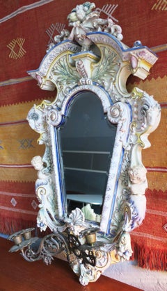 Large Hugo Lonitz Majolica Bevelled Glass Wall Mirror with Triple Candelabra